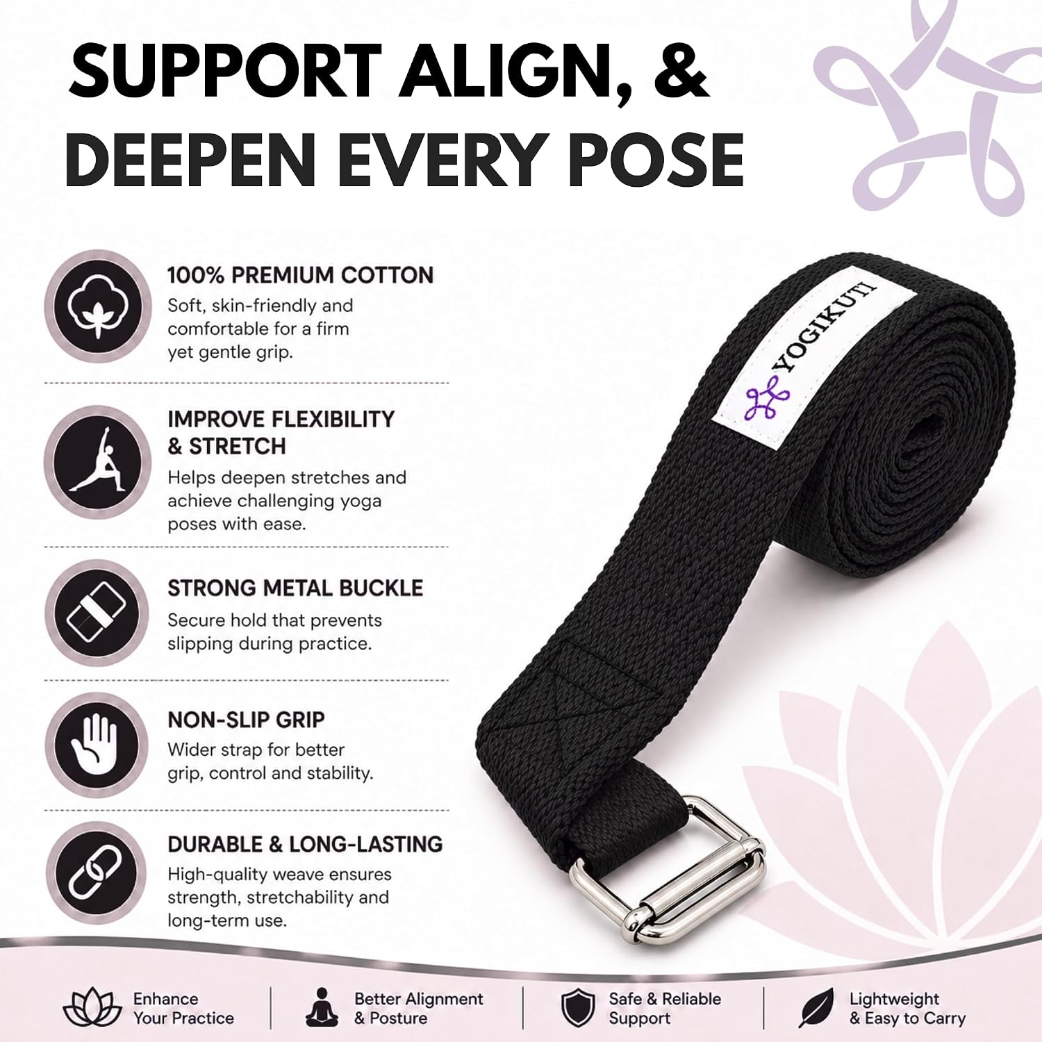 Yogikuti Premium Cotton Yoga Strap | Adjustable Yoga Belt for Stretching, Flexibility, Balance & Alignment | Yoga Accessories for Beginners, Pilates, Meditation, Exercise, Fitness & Physical Therapy image 2