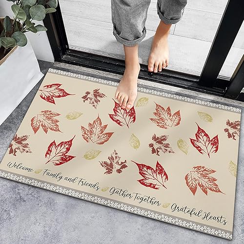 Bath Rugs Entrance Non Slip Front Door Mat Autumn Maple Leaves Seamless Kitchen Carpets Vein Silhouette Retro Back Floor Mats for Bathroom Bedroom