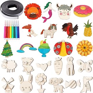 Barydat 100 Pcs Wooden Magnets DIY Wooden Arts and Crafts Craft and Art Painting Kit Supplies Party Birthday Gift for Easter Basket Stuffers