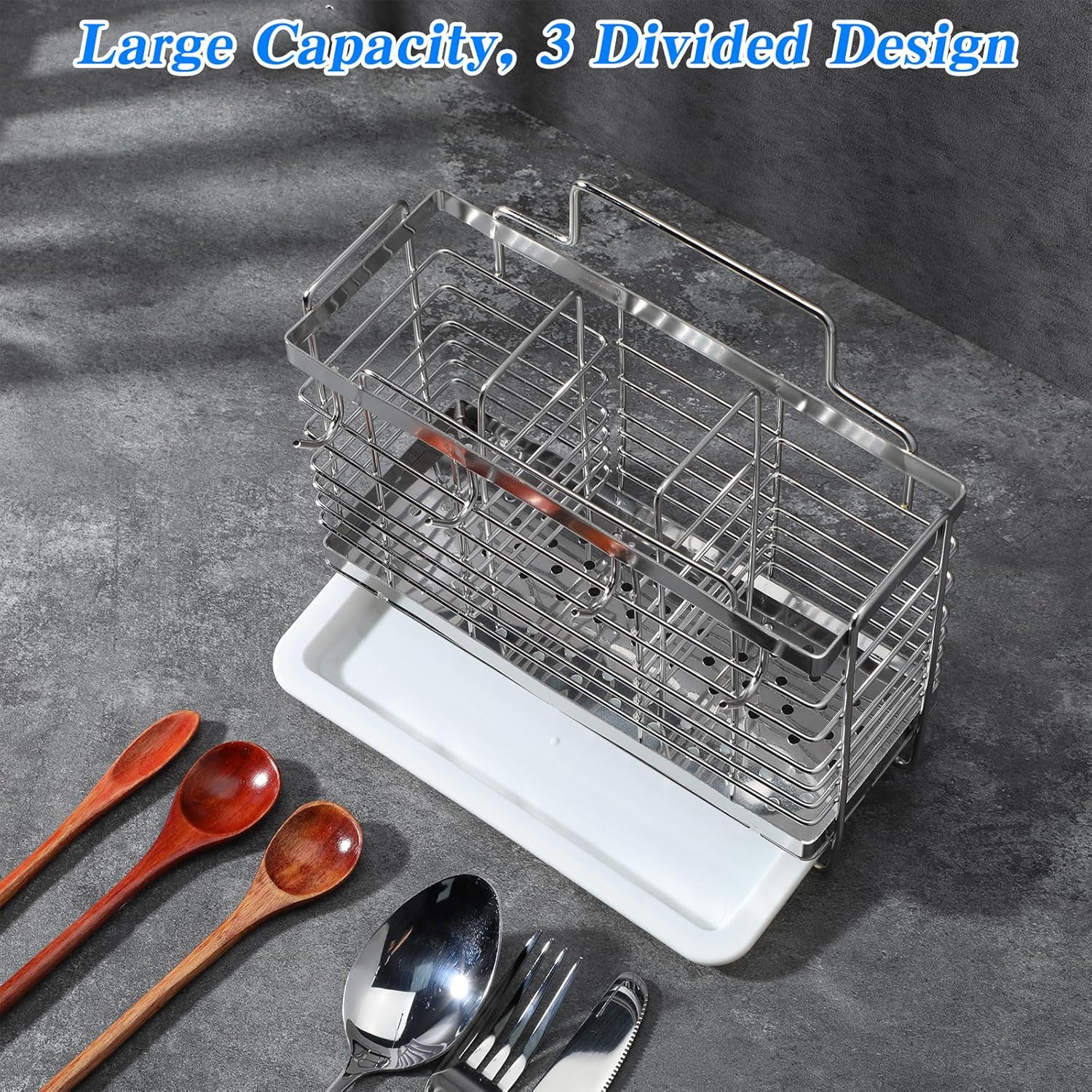 Utensil Holder, Stainless Steel Utensil Drying Rack with Drain Tray, Kitchen Counter Drainer Basket Silverware Cutlery Flatware Holder Forks, Knives, Spoons, Chopsticks Organizer (Silver)