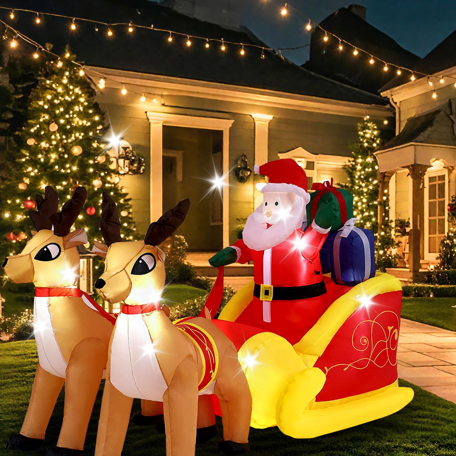OHMG 220 cm Papá Noel inflable con trineo y renos con 5 luces LED integradas, autoinflable eléctrica, decoración navideña interior y exterior, impermeable, para césped jardín