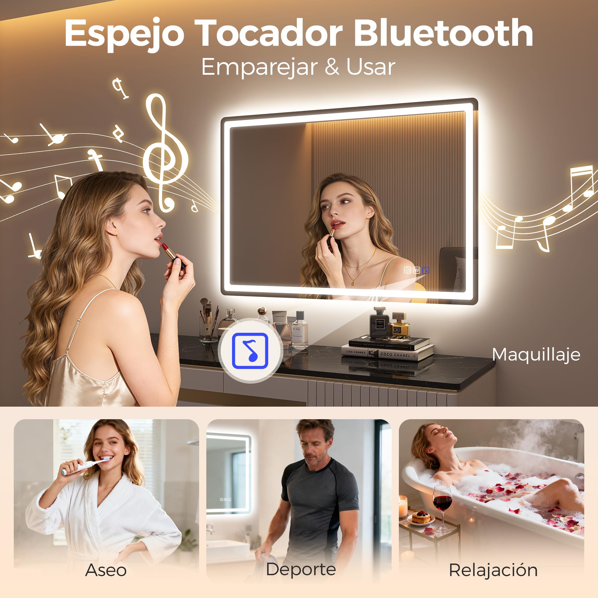 STARLEAD Lustro łazienkowe z oświetleniem, 120 x 70 cm, duże lustro łazienkowe z funkcją detekcji, Bluetooth, możliwość ściemniania, 3 temperatury barwowe, funkcja pamięci, szkło hartowane IP44,