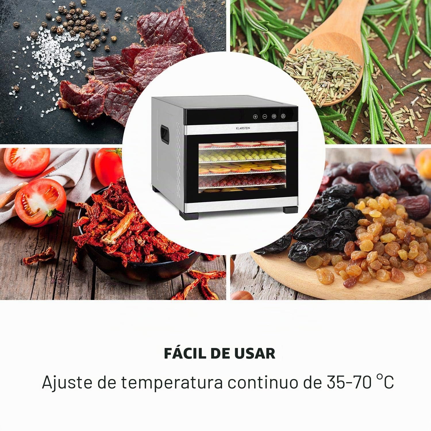 Klarstein Flavour Dry Deshidratadora de alimentos - Carcasa de acero inoxidable, 6 baldas, Temperatura 35-70 °C, Pantalla táctil LCD, 360° Airflow Circulation, Termostato digital, Frontal negro