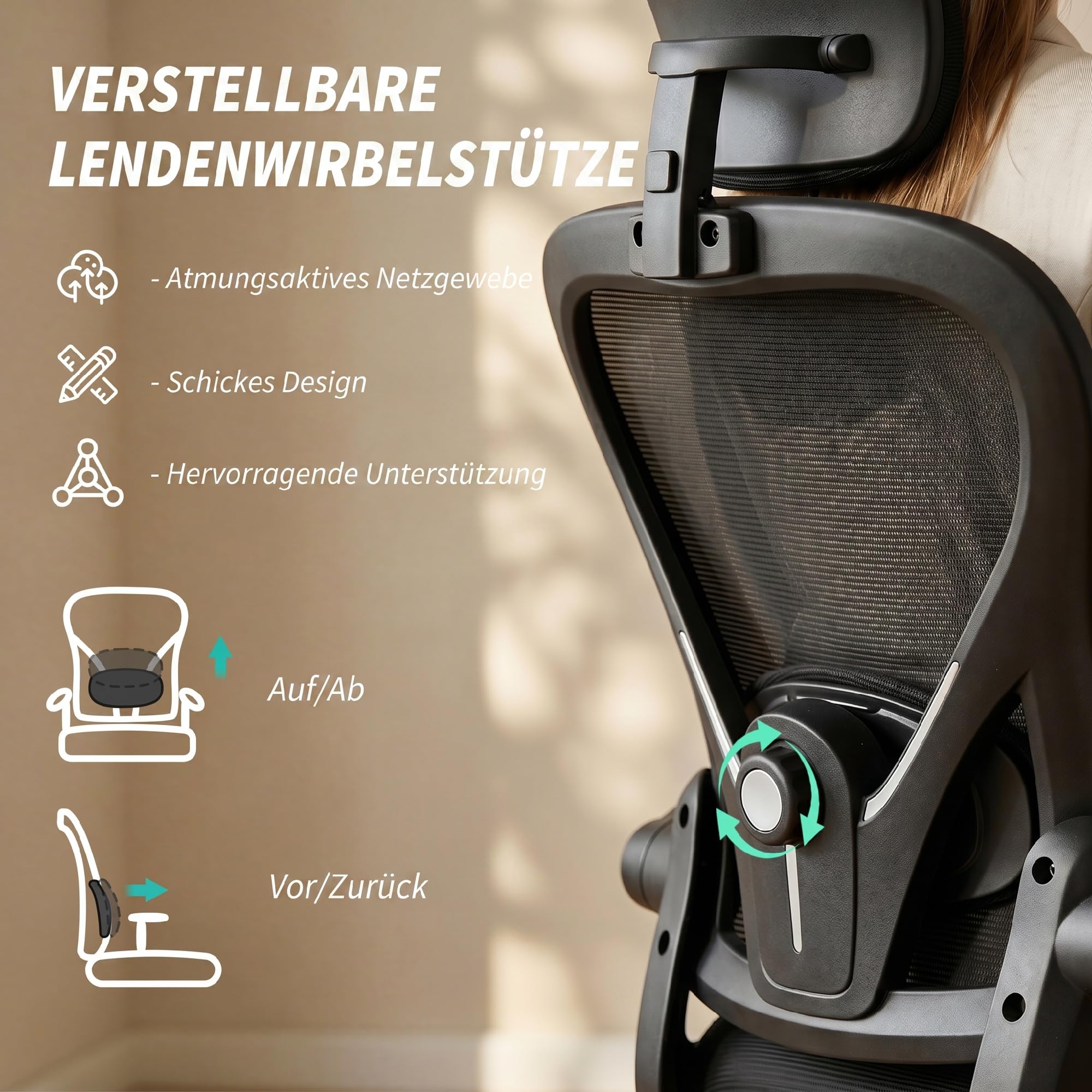 HOMCOM Bürostuhl Ergonomischer Schreibtischstuhl mit Kopfteil Schwarz | Hochklappbare Armlehnen, Verstellbare Lendenwirbelstütze, Höhenverstellbarer Drehstuhl, Wippfunktion, Netzbespannung