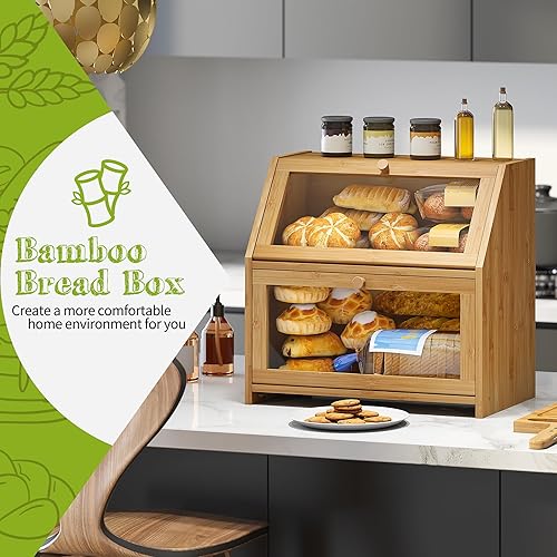 Miniatura 2 de BMOSU Bread Box with Cutting Board Kitchen Bread Storage Organizer Farmhouse Countertop Double Bamboo Wood Bread Box(Natural)