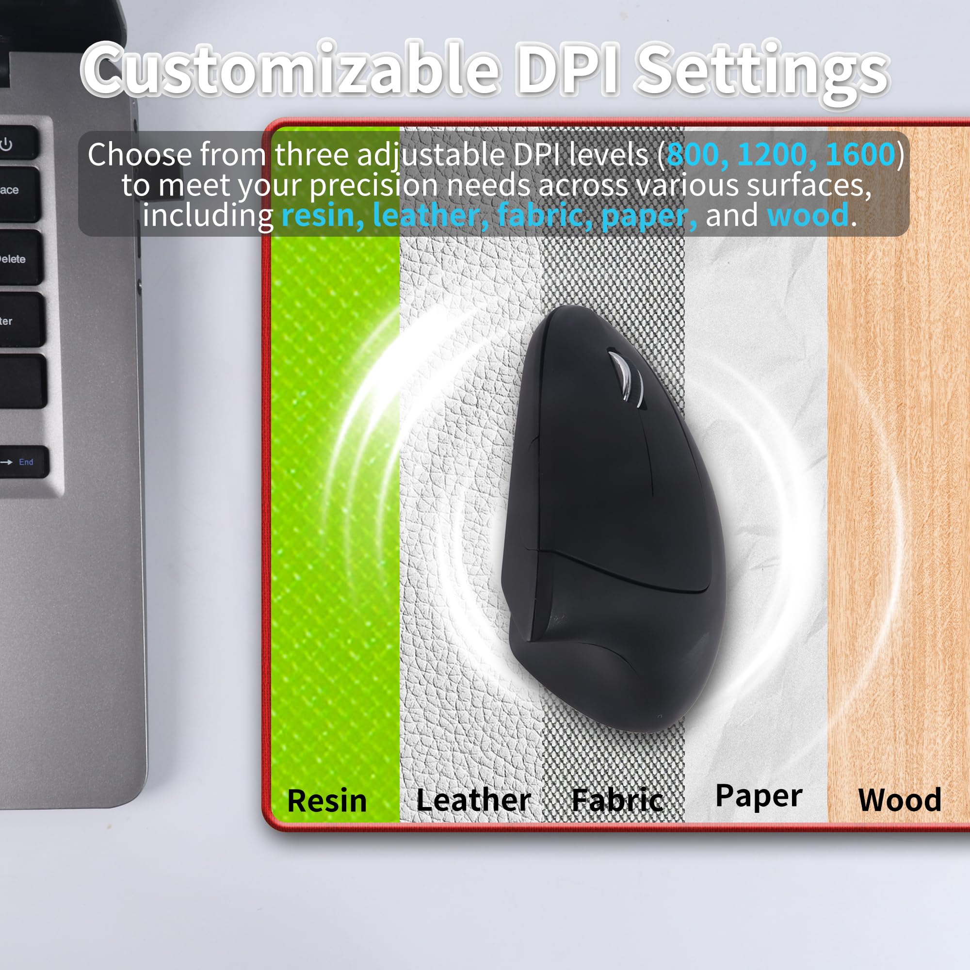 Mouse ergonomico verticale wireless 2,4 GHz ottico (USB-A + adattatore USB-C) 2 modalità mouse wireless 1600 3 sensibilità regolabile 6 pulsanti per laptop/computer/Mac/Windows/PC/tablet/iPad, per