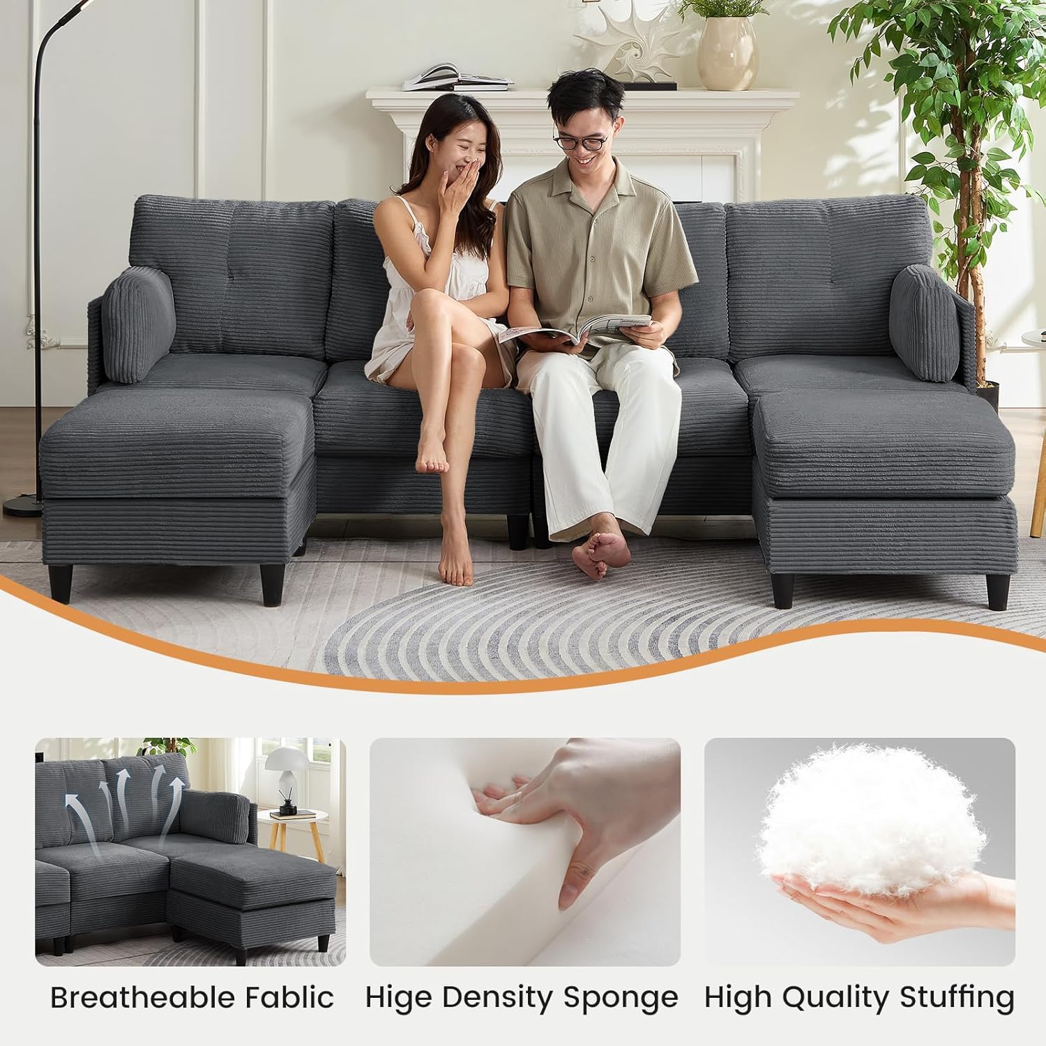 Dimensions diagram of the PUREMIND sectional couch and ottoman