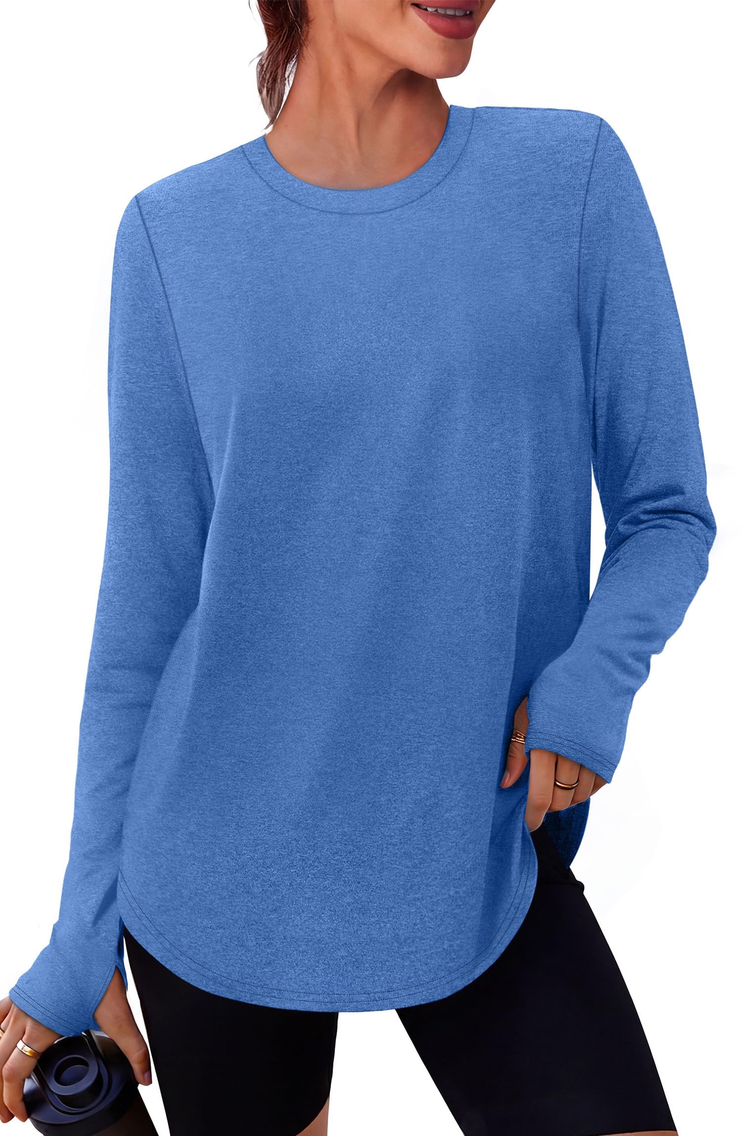 NIASHOT Workout Tops for Women Crewneck Long Sleeve Shirts with Thumb Holes UPF 50+ Sun Shirts for Hiking Running Gym Clothes — view 7