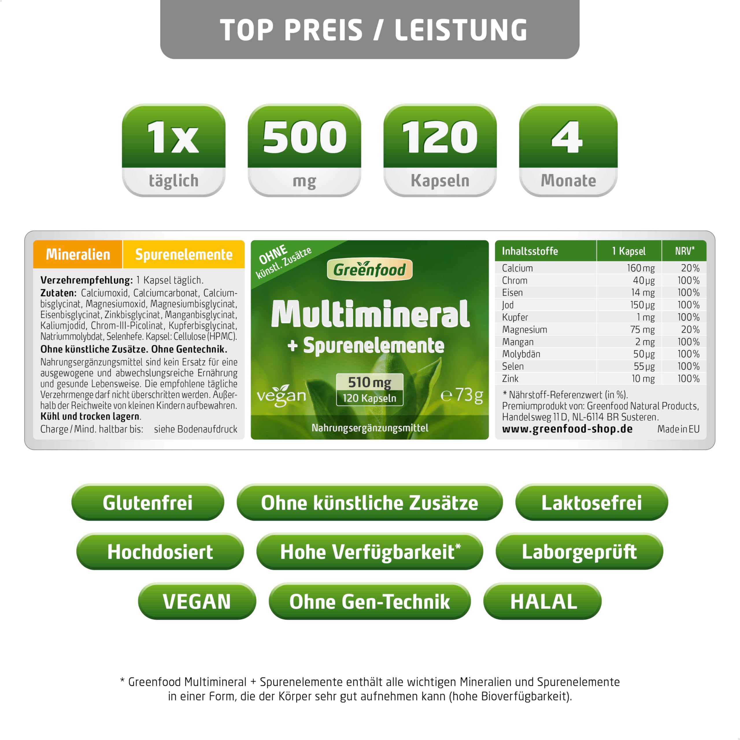 Greenfood Multimineral, hochdosiert, 510mg - 120 Kapseln, vegan. Mineralstoff Komplex & Spurenelemente - Magnesium, Calcium, Zink, Selen & Jod - für Knochen, Haare, Nägel & Nerven. Von Greenfood.