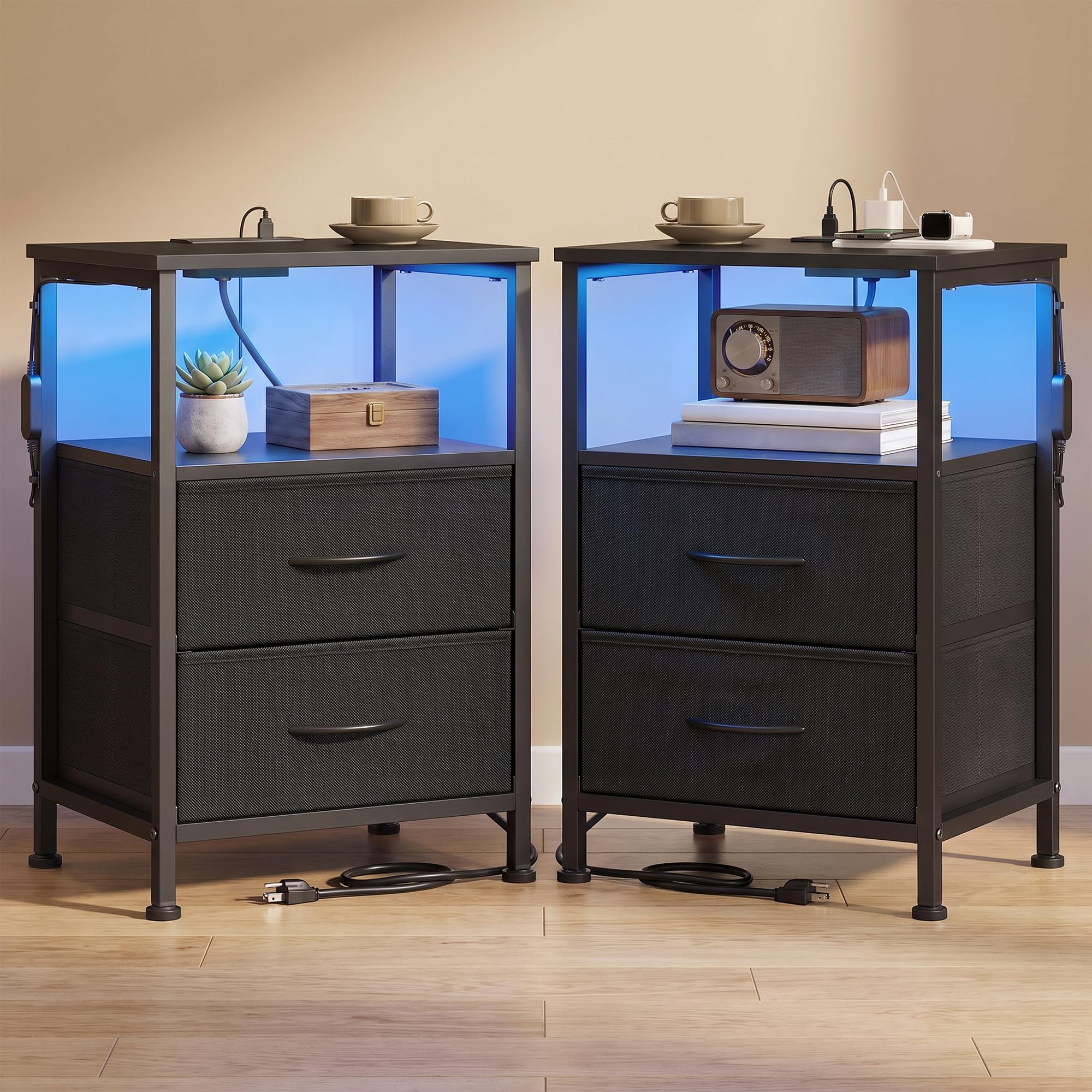 SONGMICS Nightstand with Charging Station, 2 Fabric Drawers