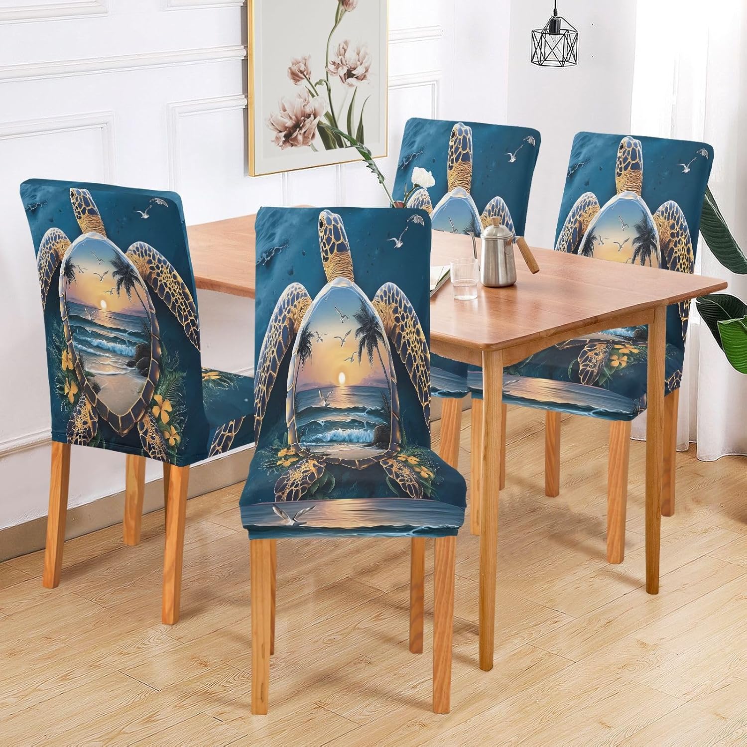 ALAZA Chair Covers for Dining Room, Sea Turtle Beach Stretch Chair Cover Sets Chair Protector Removable Washable for Ktichen Restaurant Hotel