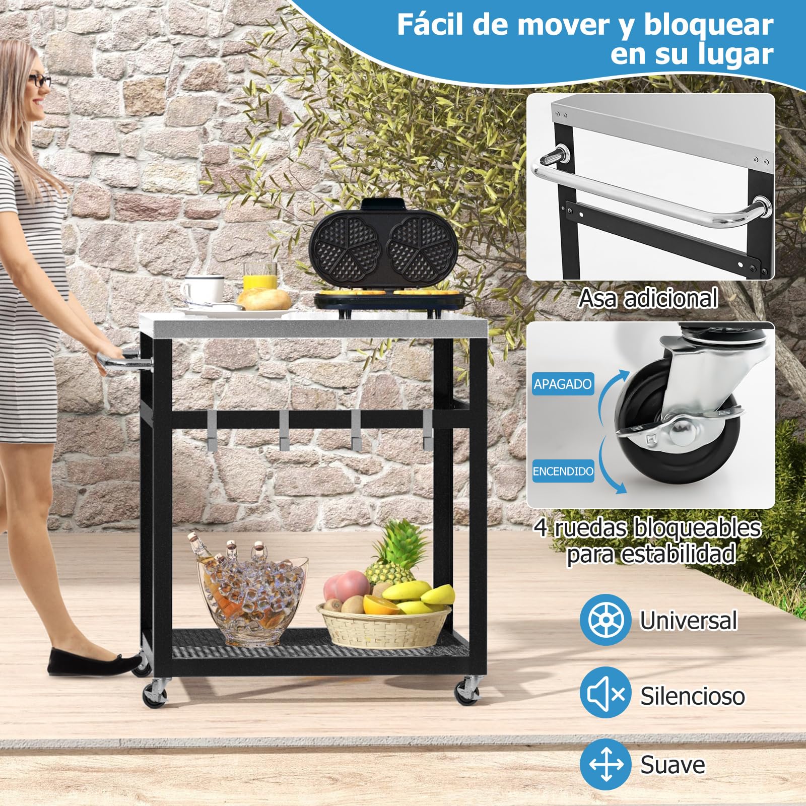 COSTWAY Carro de Servicio de Acero Inoxidable, Carro para Parrilla con Ruedas y Asa, Carro con 4 Ganchos para Bar de Casa, Cocina, Comedor 83,5 x 50,5 x 84,5 cm