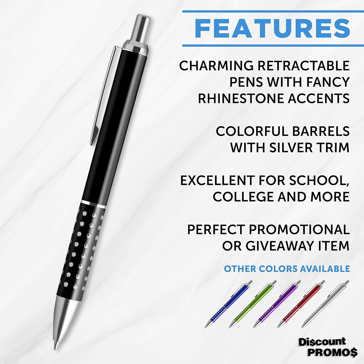 DISCOUNT PROMOS 10 Rhinestone Pens Pack - Retractable, Black Ink - Black
