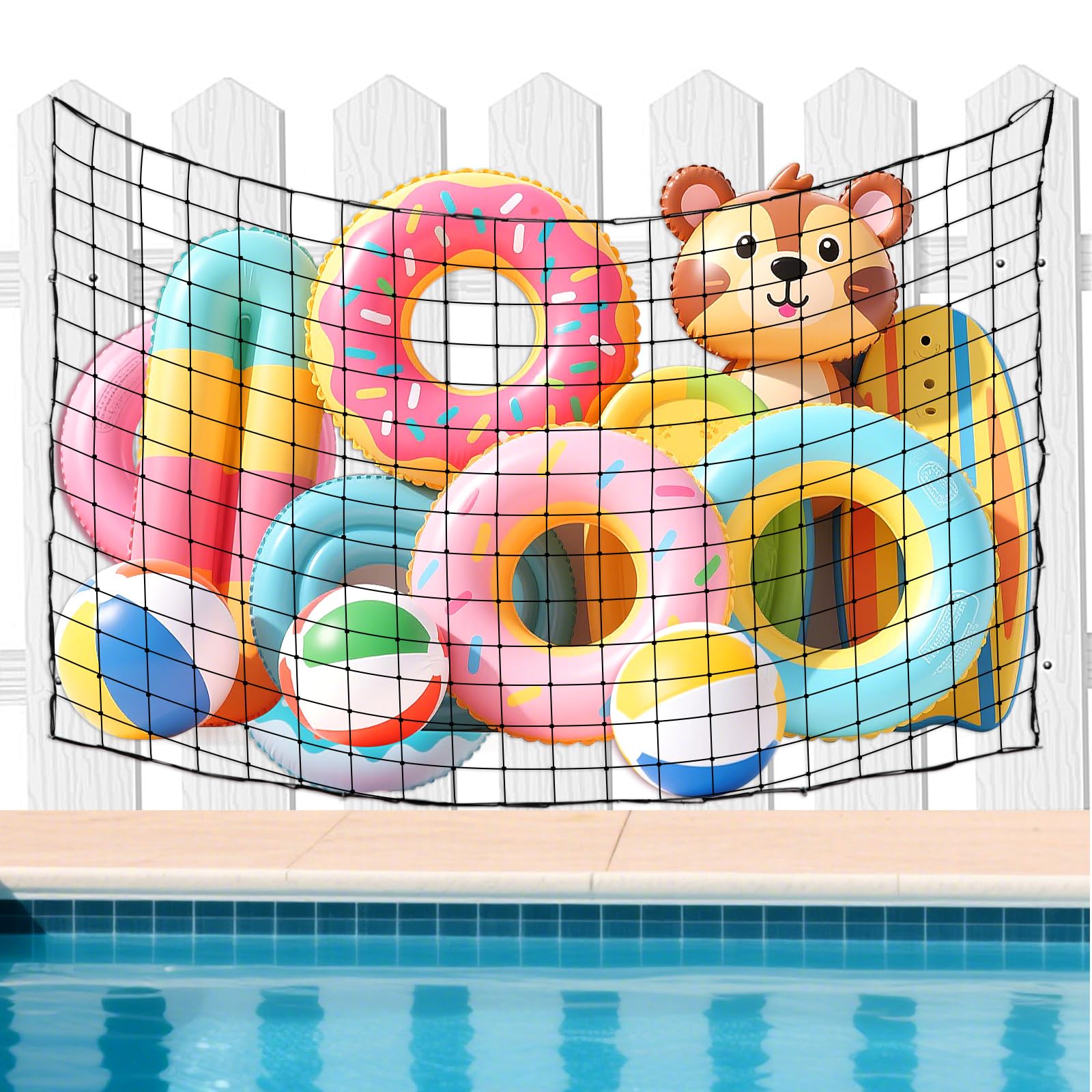 NOVWANG Extra Large Pool Float Toy Storage Net, 78.7 x 59 inches Big Pool Toy Heavy-Duty Hanging Mesh Elastic Net Organizer with 20 Hooks 15 Straps for Wooden and Metal Fence