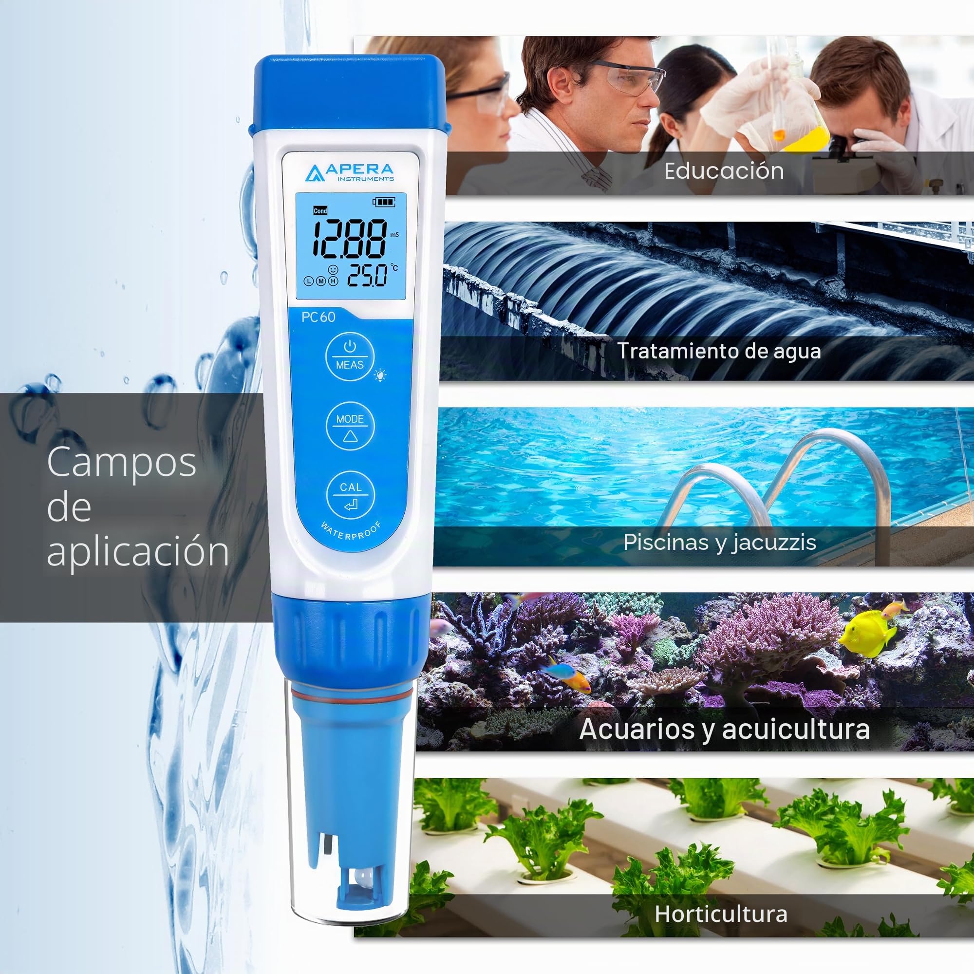 Apera Instruments PC60 Premium multiparámetro 5 en 1 (valor de pH, conductividad/CE, TDS, salinidad, temperatura, precisión de pH 0,01/1%, electrodo reemplazable, resistente al agua)