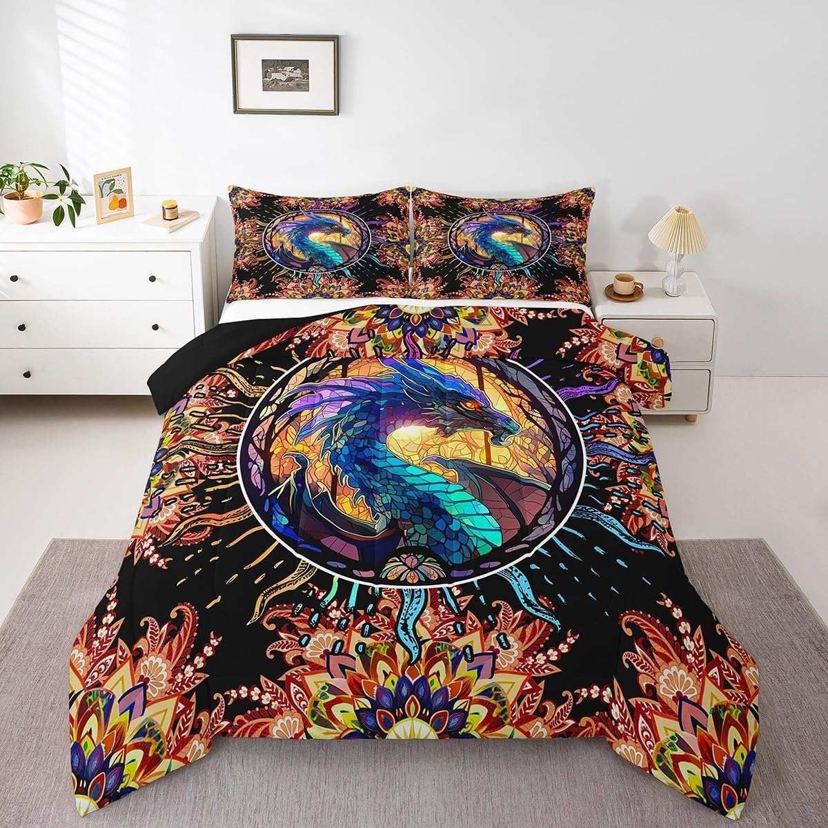 Couette 240x260 Chaude Dragon lavable en machine au design mandala unique