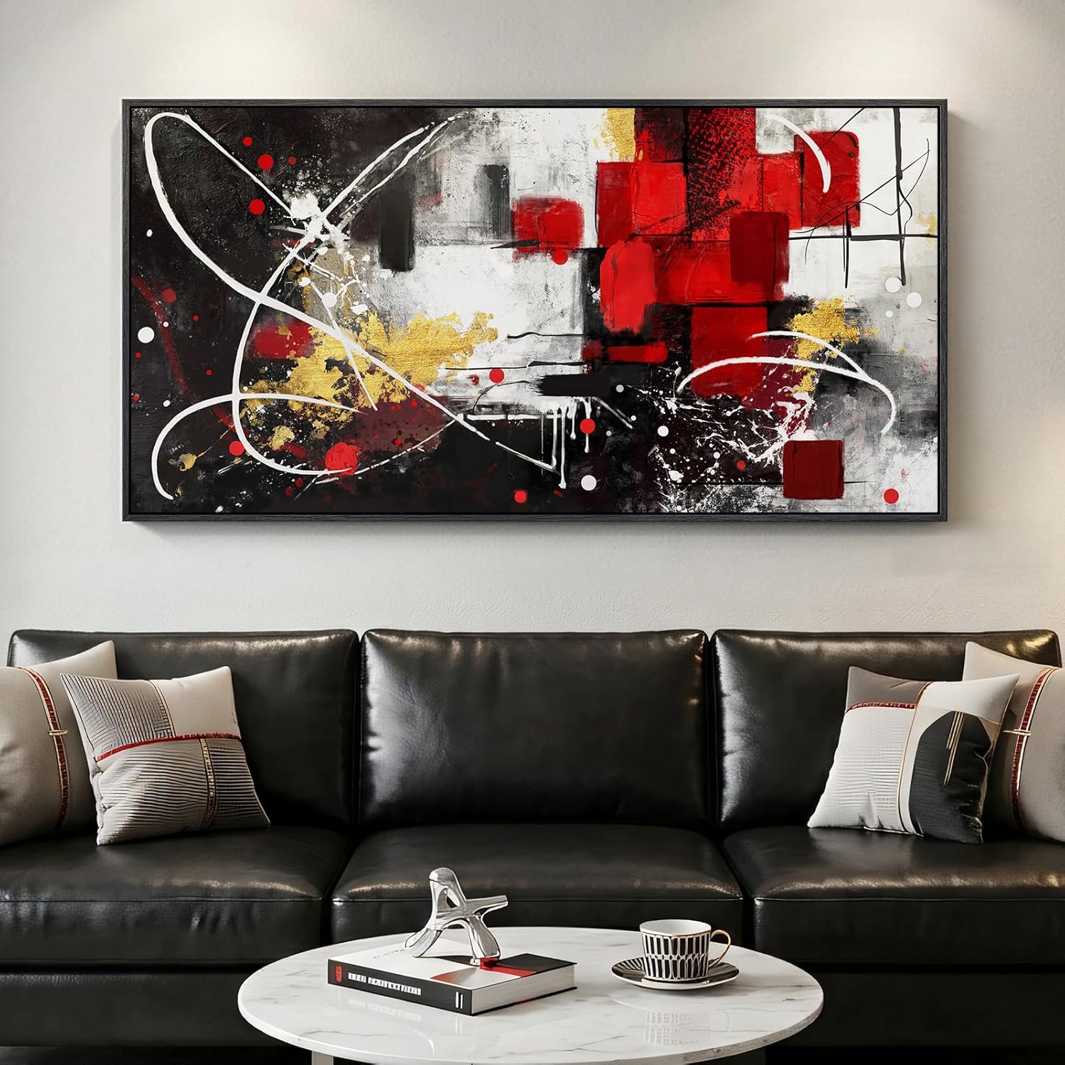 Extra Large Framed Red Black and White Abstract Wall Art for Living Room, Modern Canvas Prints Horizontal Artwork for Walls, Red Gold Geometric Pictures for Dining Bedroom Hallway Wall Decor 30x60 In