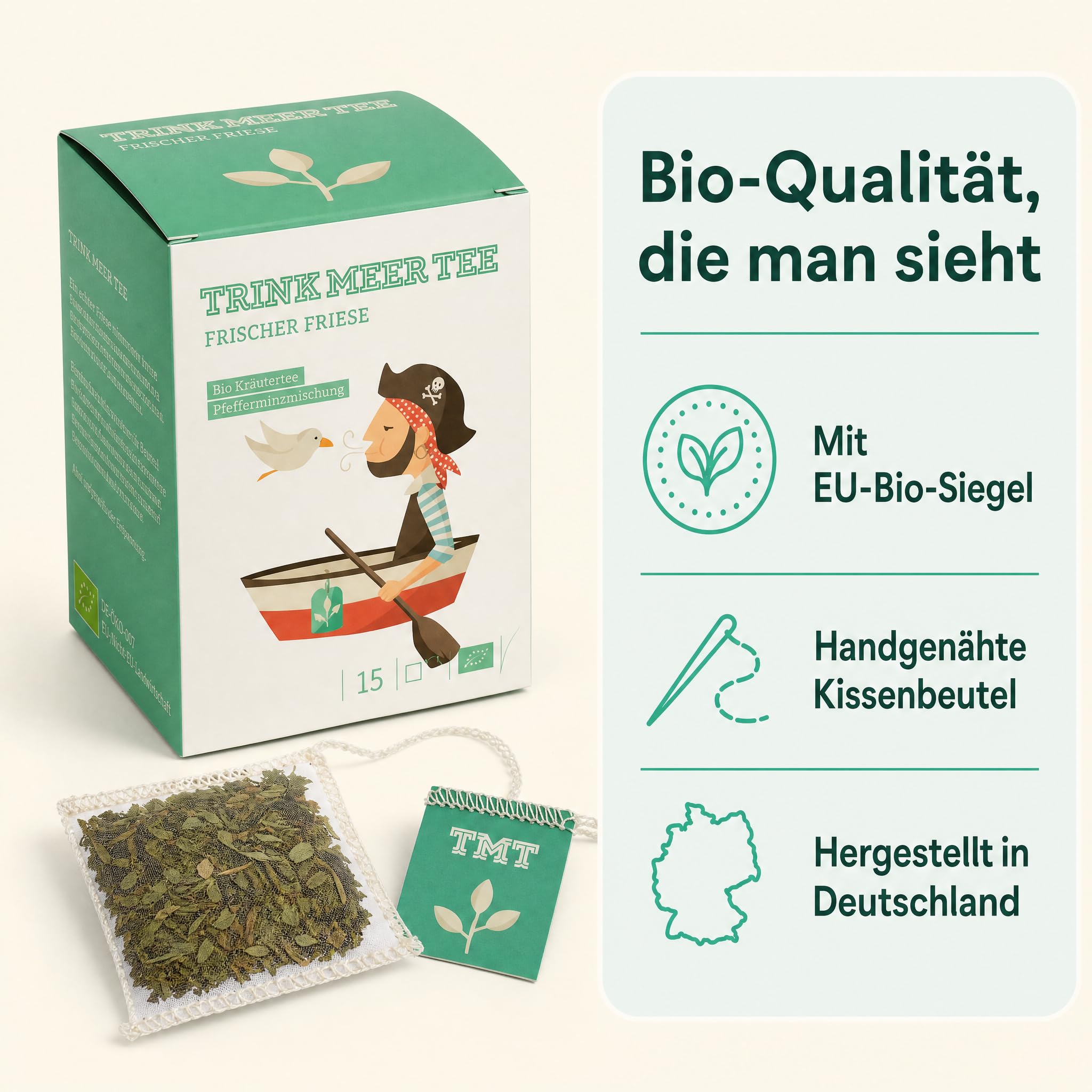 6 x Trink Meer Tee Pfefferminztee Frischer Friese Premium Kräutertee in Teebeuteln, erfrischend und aromatisch, handgenähte Kissenbeutel aus Netzmaterial, maritimes Design
