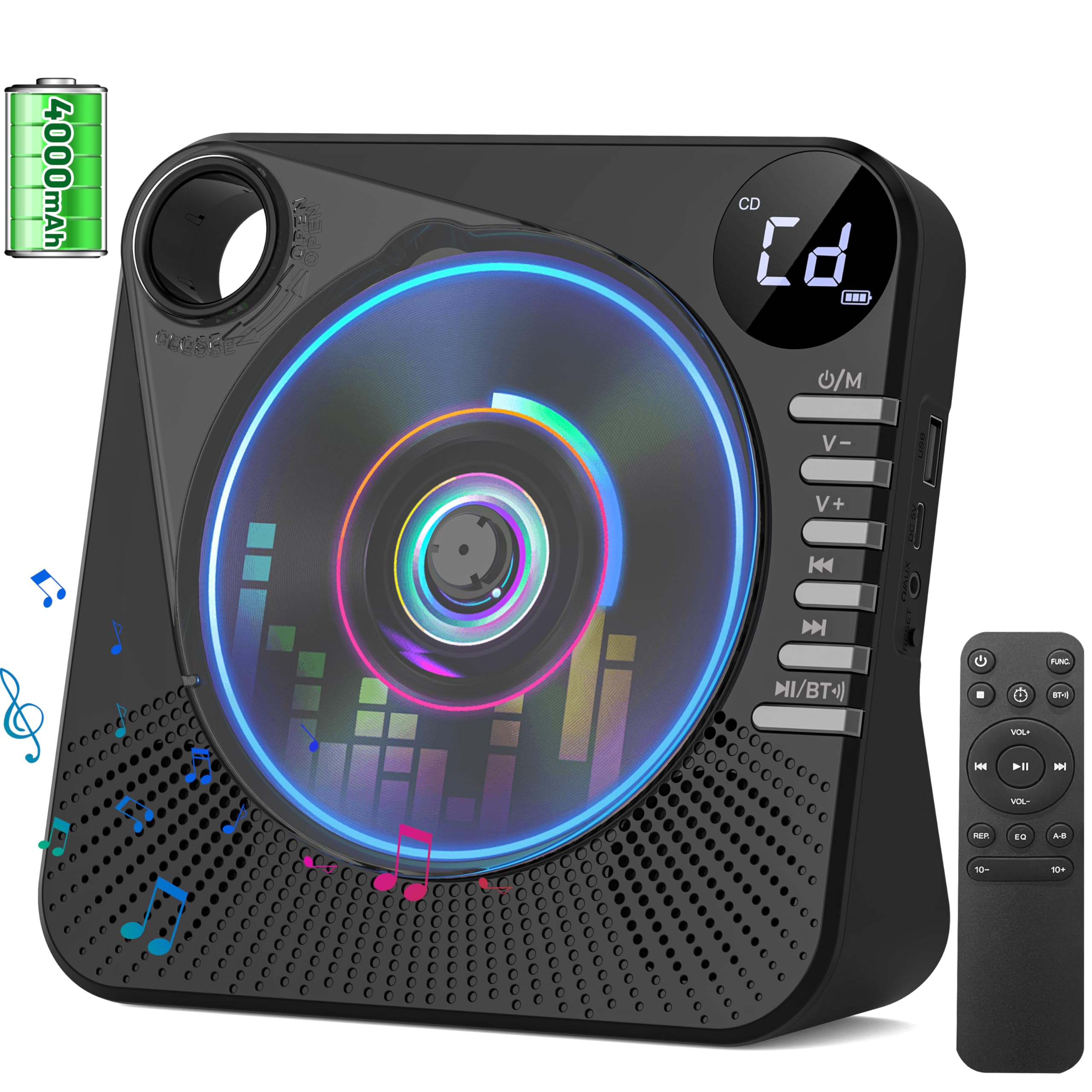 Gracioso Lettore CD portatile con Bluetooth, 4000mAh ricaricabile, altoparlanti stereo HiFi, telecomando, 5 EQ, ripetizione A-B, display a LED, USB/AUX/jack da 3,5 mm