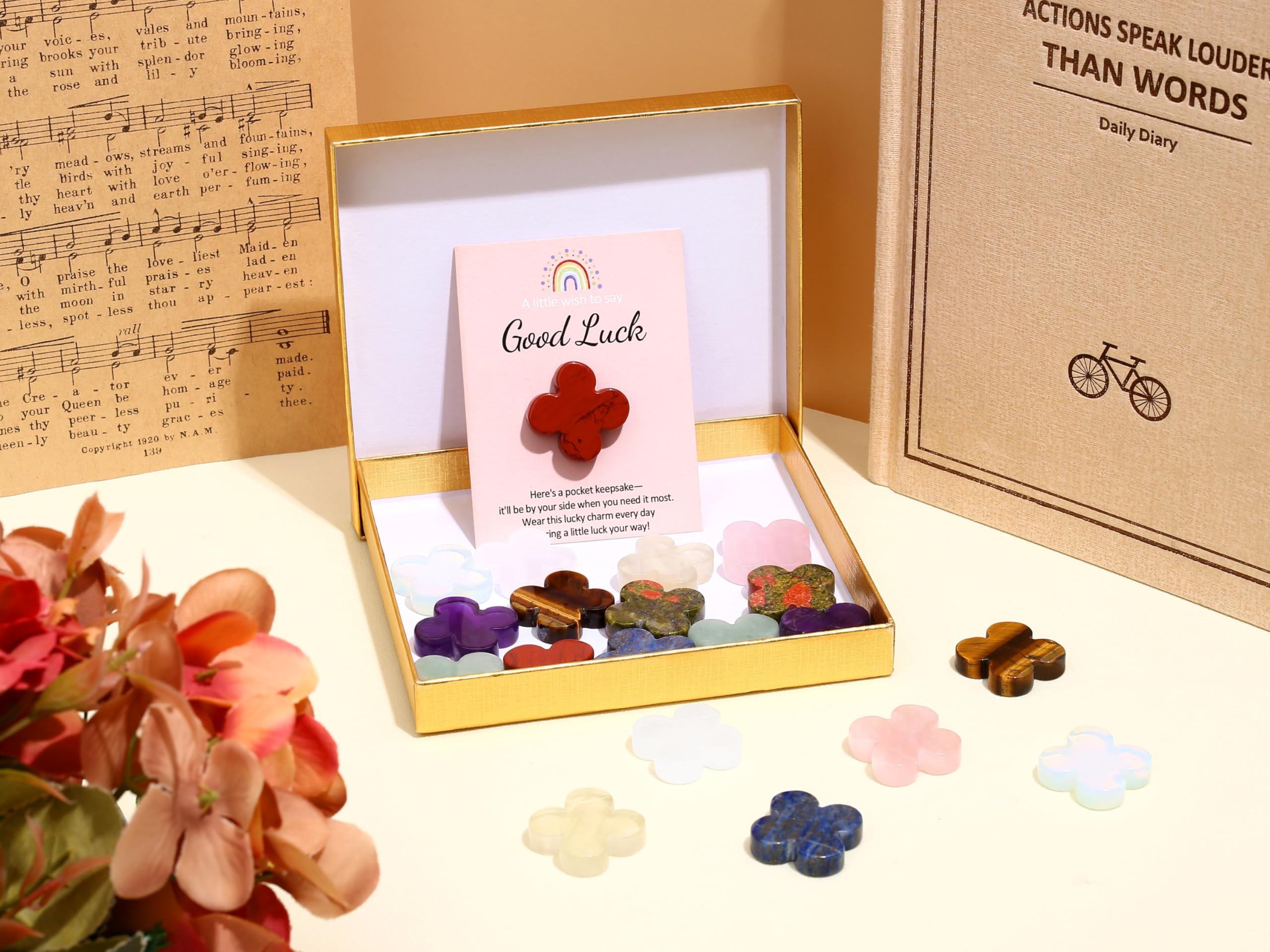 XIANNVXI 10 Pcs Good Luck Clover Healing Crystals Stones Set Party Bag Fillers Pass the Parcel Prizes Prize Box Fillers Party Favours Christmas Stocking Filler Novelty Gifts,with 10 Cards - Image 2