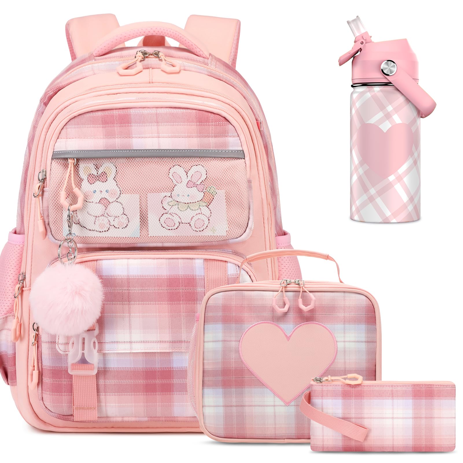 Bevalsa Kids Backpack for Girls with Insulated Water Bottle, Plaid Pink Bookbag Backpack for Girls Kid, 14oz Termos Kids Water Bottle Stainless Steel, Lunch Bag & Pencial Case, Back To School Gift