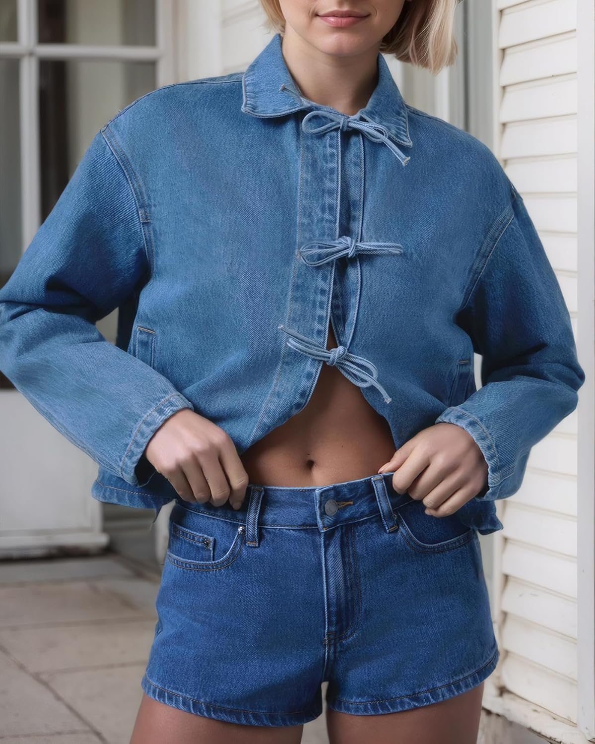 Kedera Womens Jean Jacket Tie Front Long Sleeve Denim Shacket Lapel Collar Tops Fall Winter Fashion Trendy Coat Blazer - Image 6