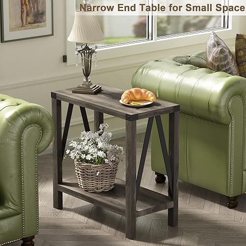 Miniatura 23 de ChooChoo Juego de 2 mesas auxiliares de granja, mesa auxiliar estrecha con estante de almacenamiento, mesita de noche rústica con diseño A para sala