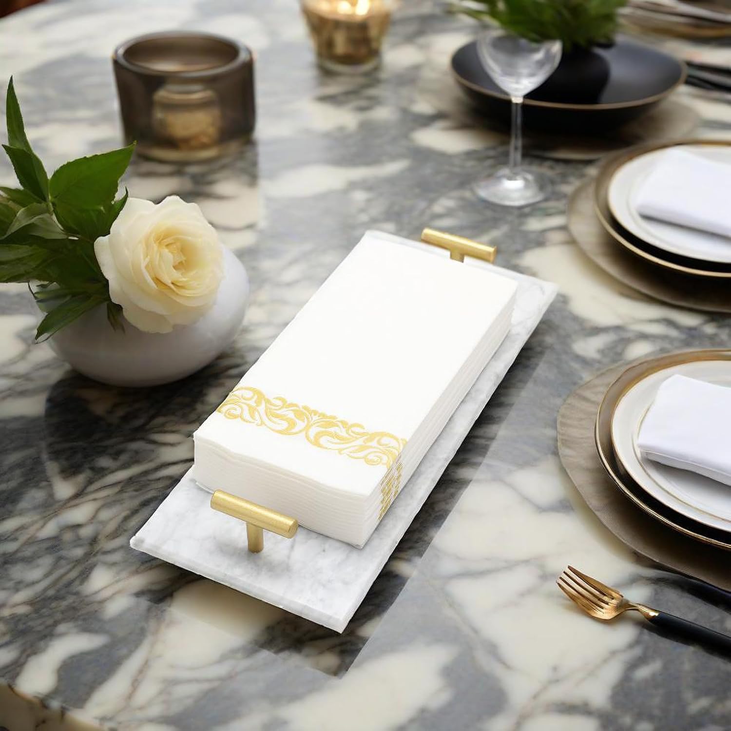 Napkin Holder - Guest Towel Holder for Bathroom - Marble Paper Towel Holder - Hand Towel Tray with Gold T-Handle(11.8x4.7x1.7 Inchs) - Image 5