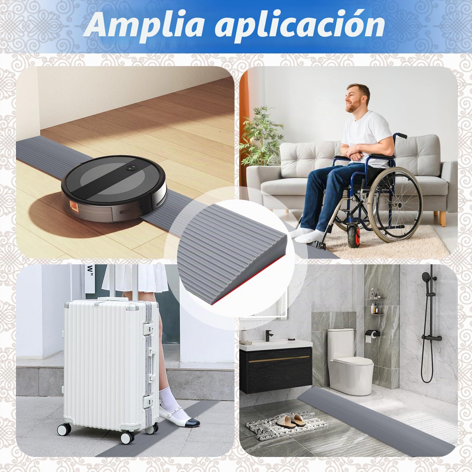 Rampa de umbral de puerta, rampa para silla de ruedas de PVC, superficie antideslizante, rampa de goma, rampa de acceso para silla de ruedas, cochecito, andador o scooter eléctrico (gris, 90 x 8 x 2,5