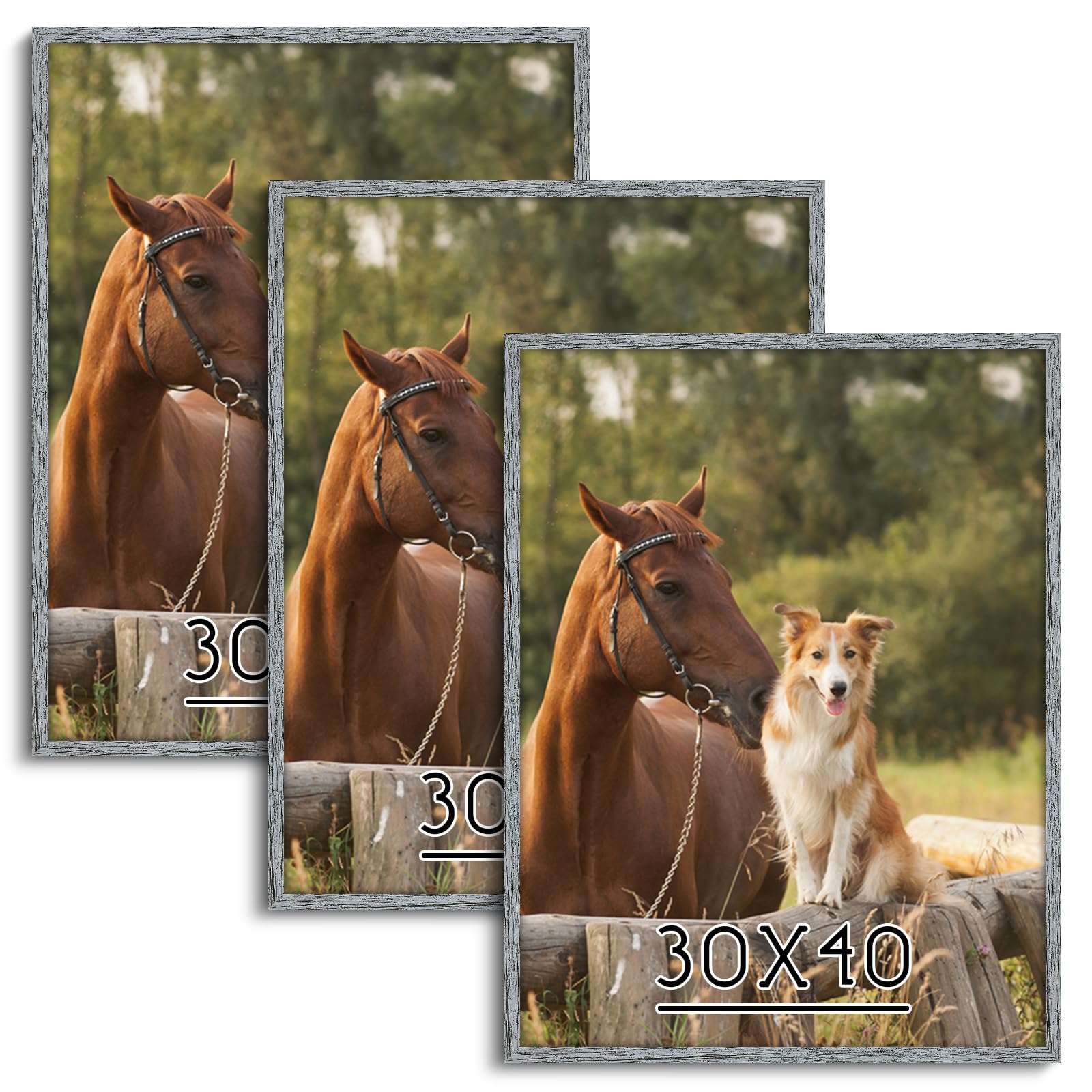 HLiWEGNS Grey 30x40 Frame Set of 3 - Rustic Woodgrain 30 x 40 Poster Frame with Plexiglass for Wall Gallery Display, 30x40 Picture Frame for Puzzles, Artwork, Photos and Posters - Ideal Christmas Day