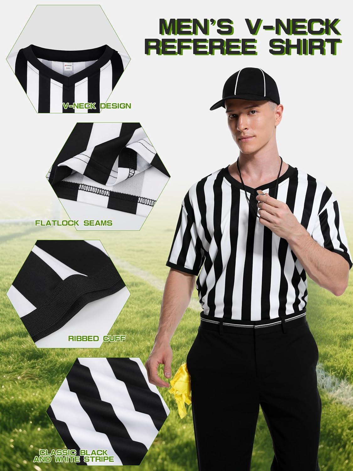 4 Pcs Referee Shirt, Referee Costume Men Women V-Neck Ref Shirt Hat Ref Whistle Penalty Flag for Football Soccer Player - Image 5