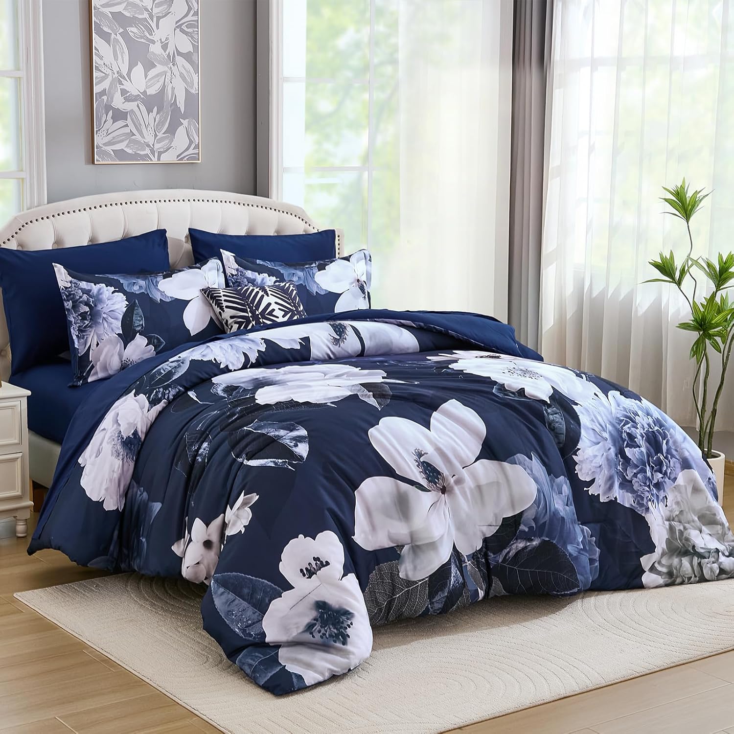 Mybedsoul Queen Size Comforter Set 7 Pieces, Bed in a Bag Soft Microfiber Bedding, Luxury Navy Floral Elegant Design, All Seasons Comforter Bed Set with Sheets, Pillowcases & Shams