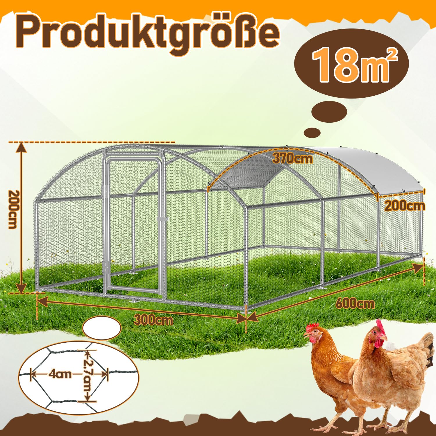 Hühnerstall, 3x6x2m Kuppel Dach Hühnerhaus Freilaufgehege, mit Schloss aus Verzinkter Stahl und Wasserdichtes PE-Farbtuch Tiergehege, Schnell zu reinigen