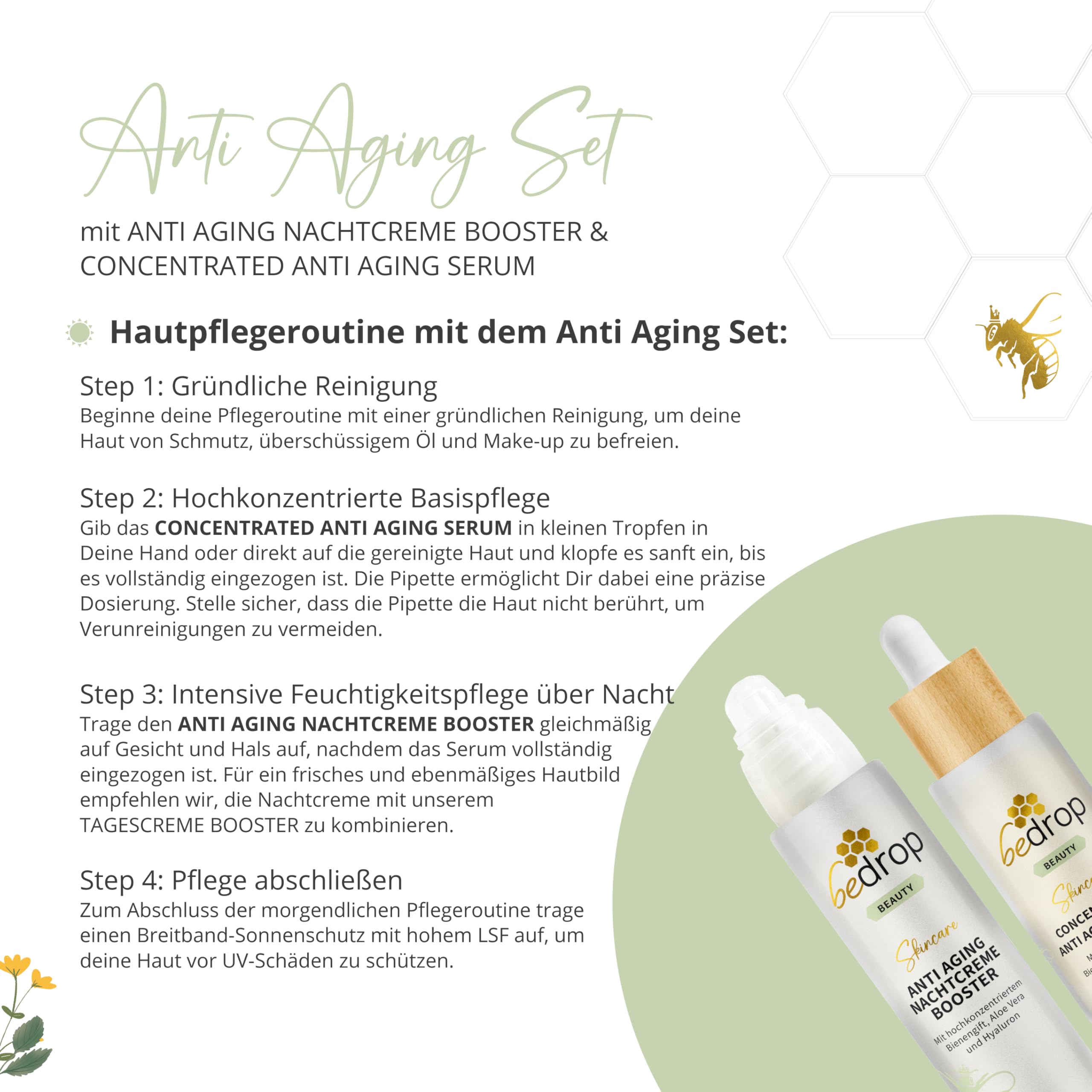 bedrop Anti-Aging-Set CONCENTRATED Serum & Nachtcreme Booster hochdosiertes Bienengift, straffend & regenerierend, Anti-Aging Effekt über Nacht, frei von Parfüm & Duftstoffen