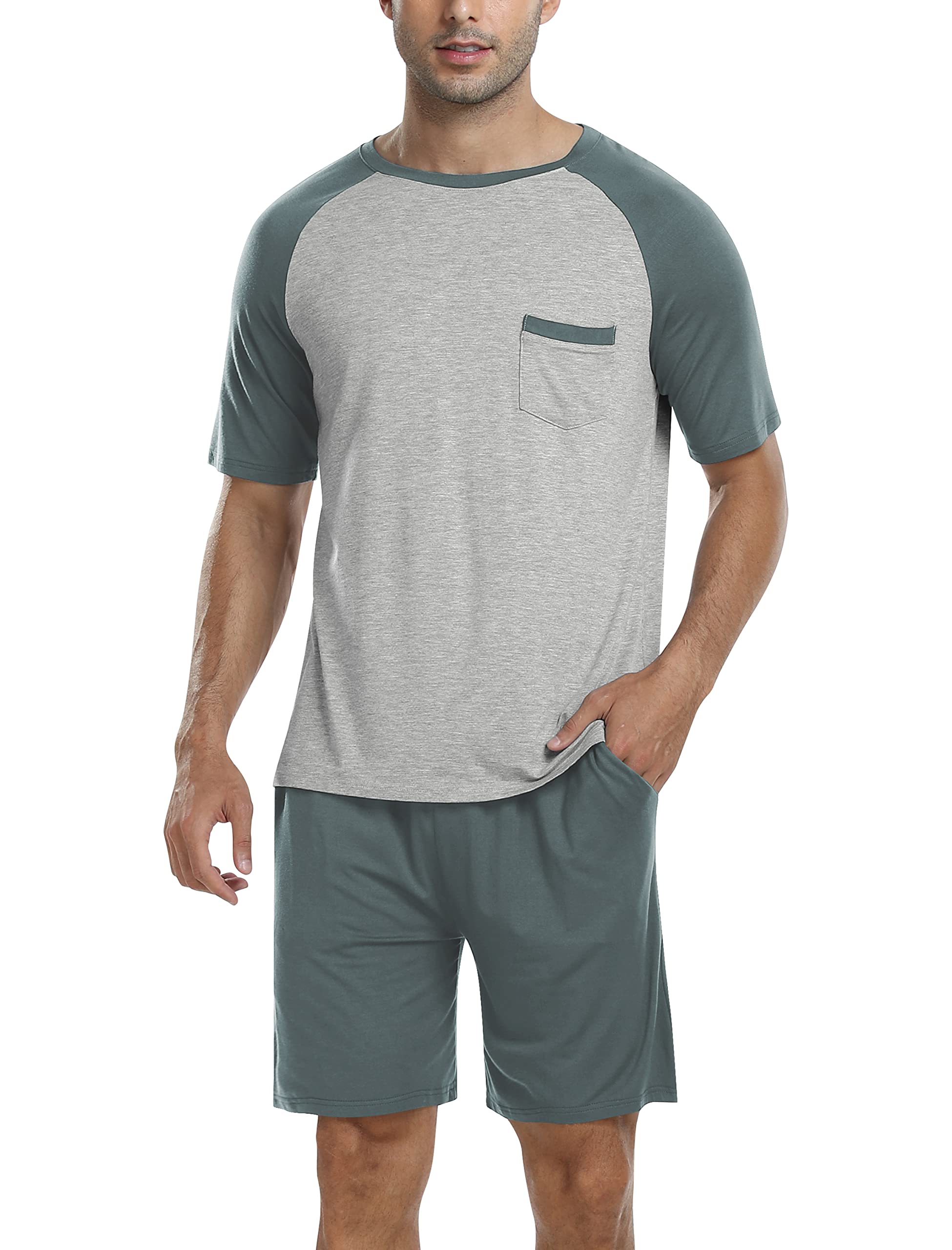 MoFiz Pijamas Hombre Verano Suave Conjunto de Pijama Corto Dos Piezas con Bolsillos