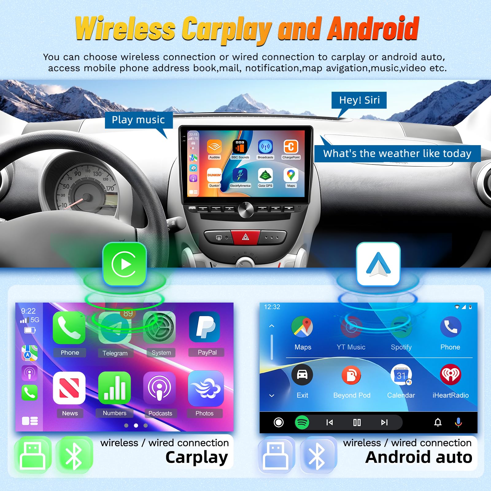 Radio para Coche 4G+64G para Toyota Aygo/Peugeot 107/Citroën C1 (2004-2014), Pantalla táctil Android de 10 Pulgadas, Audio 32EQ, Pantalla 1280 * 720, Carplay, Android Auto, SWC, Bluetooth 5.0, WiFi