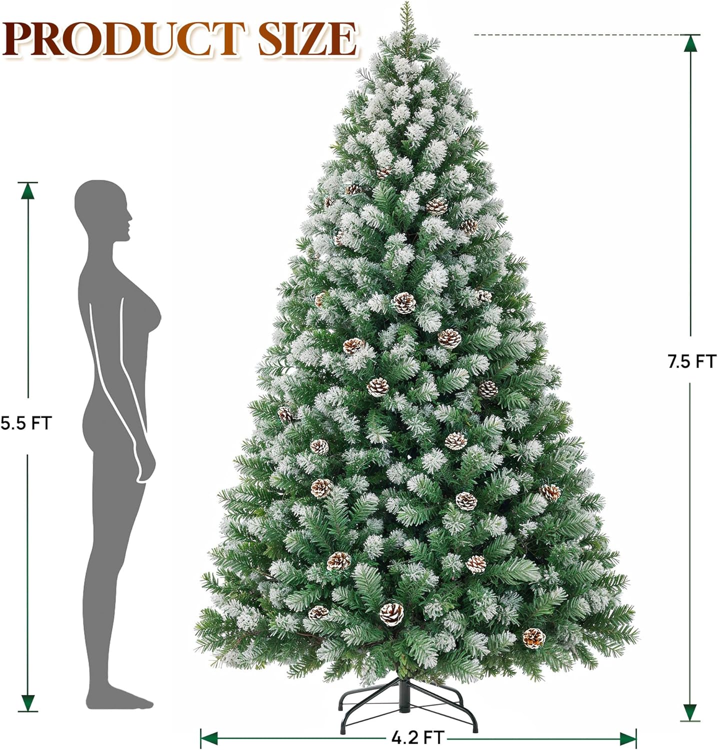 HOLLO STAR 7.5 ft Prelit Christmas Tree with 379 LED Lights, App Control, Artificial Christmas Tree, Multi-Color RGBW Lights, 1476 Flocked Frosted Tips, 86 Pine Cones, Metal Base, for Home, Party