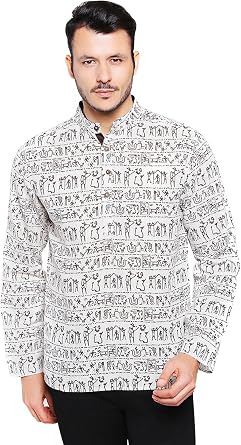 Mens Banded Collar Artisan Warli Print Henley Style Sleek Kurta Tunic; Beige; LG
