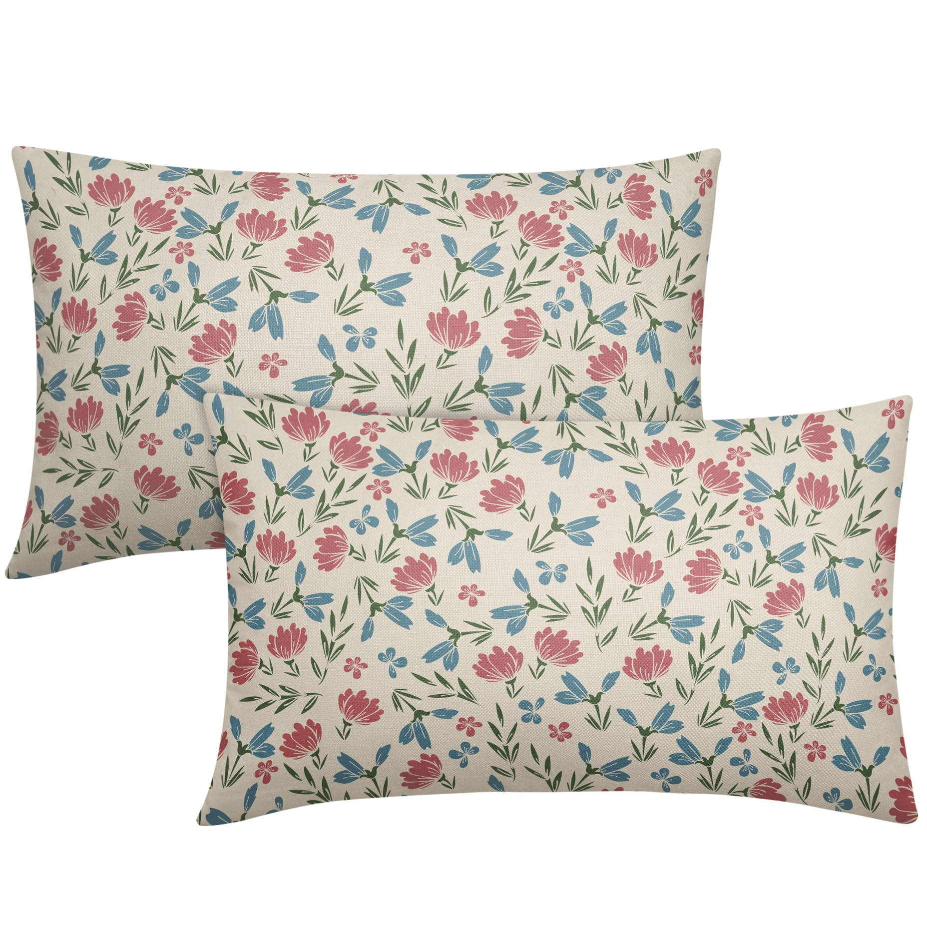 Green Pink Blue Floral Pillow Covers 12x20 Set of 2 Vintage Rustic Old Style Cute Small Flower Print Rectangle Decorative Outdoor Pillowcases