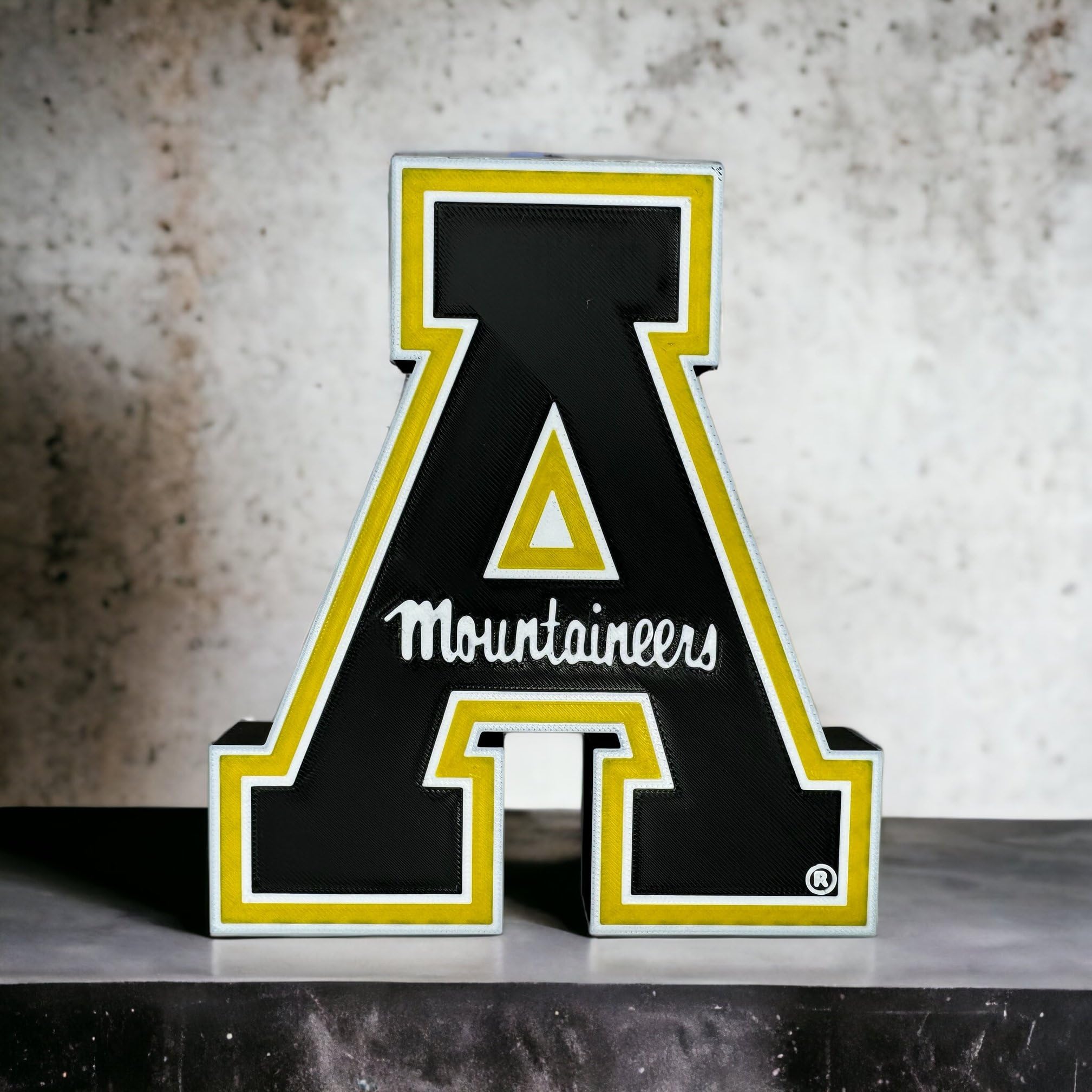 CLTFanCreations Officially Licensed APP State 3D Printed Decorative Figure - Great for Home Office, Desk, Shelf - Made from Quality 3-D Printed Material - Black, Gold, White College Sports Decor