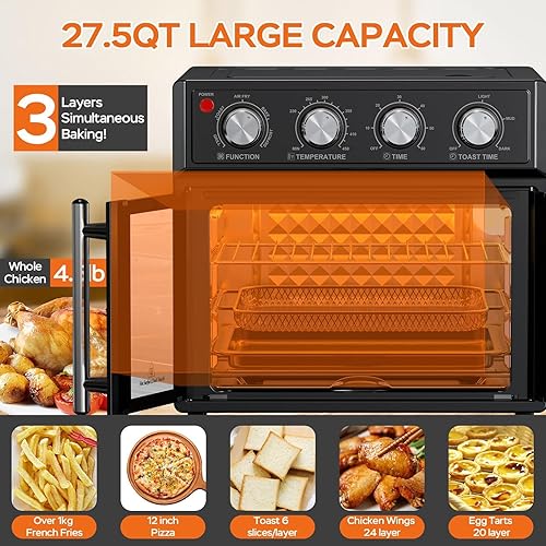 Miniatura 2 de PlumChef - Horno tostador de convección extra grande de 27.5 cuartos de galón, 6 rebanadas, puerta francesa, 1700 W, horno multifunción para