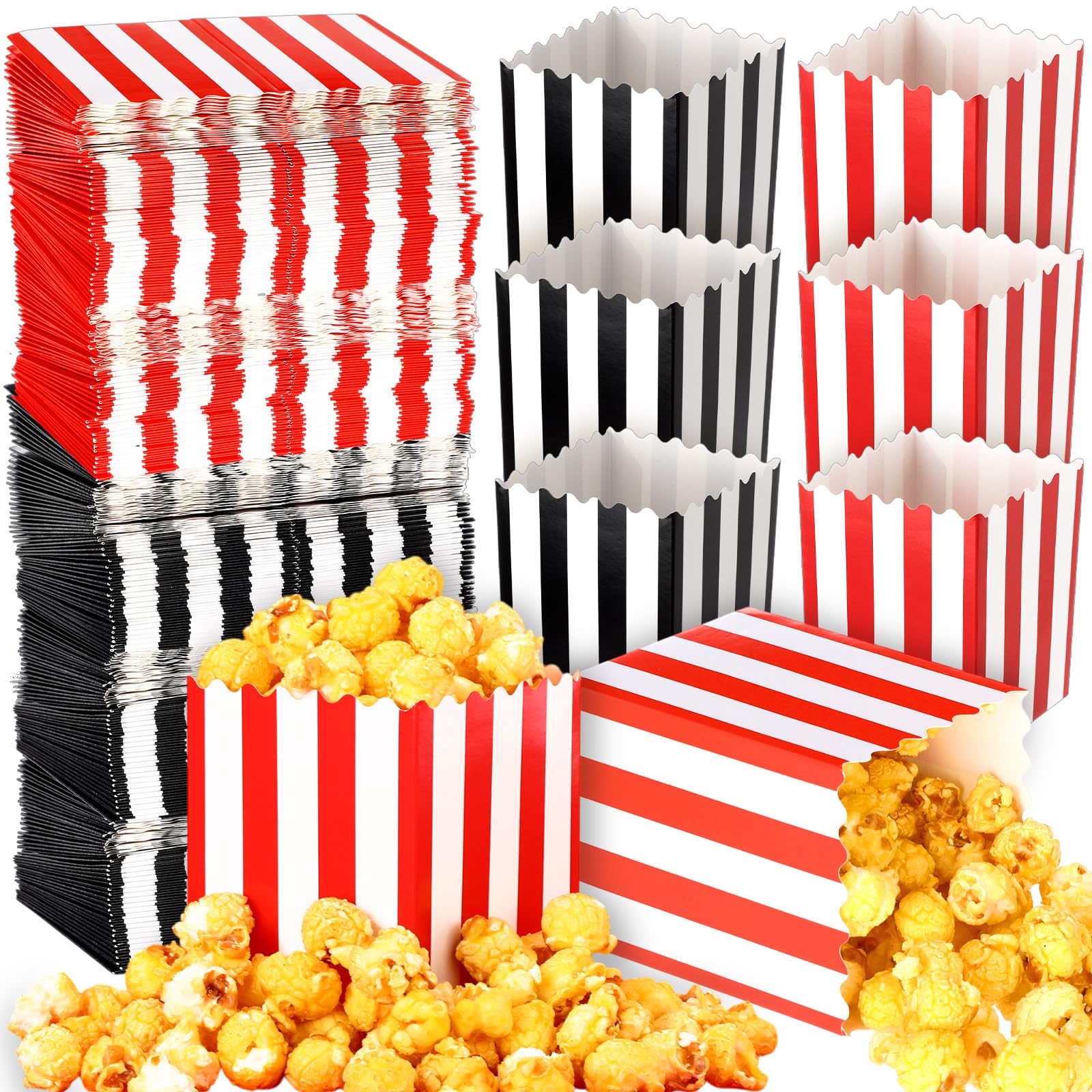 Maitys 200 Pack Mini Popcorn Boxes for Party Bulk 16oz Red and Black Striped Popcorn Boxes Paper Bucket Container 3 x 3.9 in for Movie Nights Supplies Home Theater Carnivals Birthday Wedding