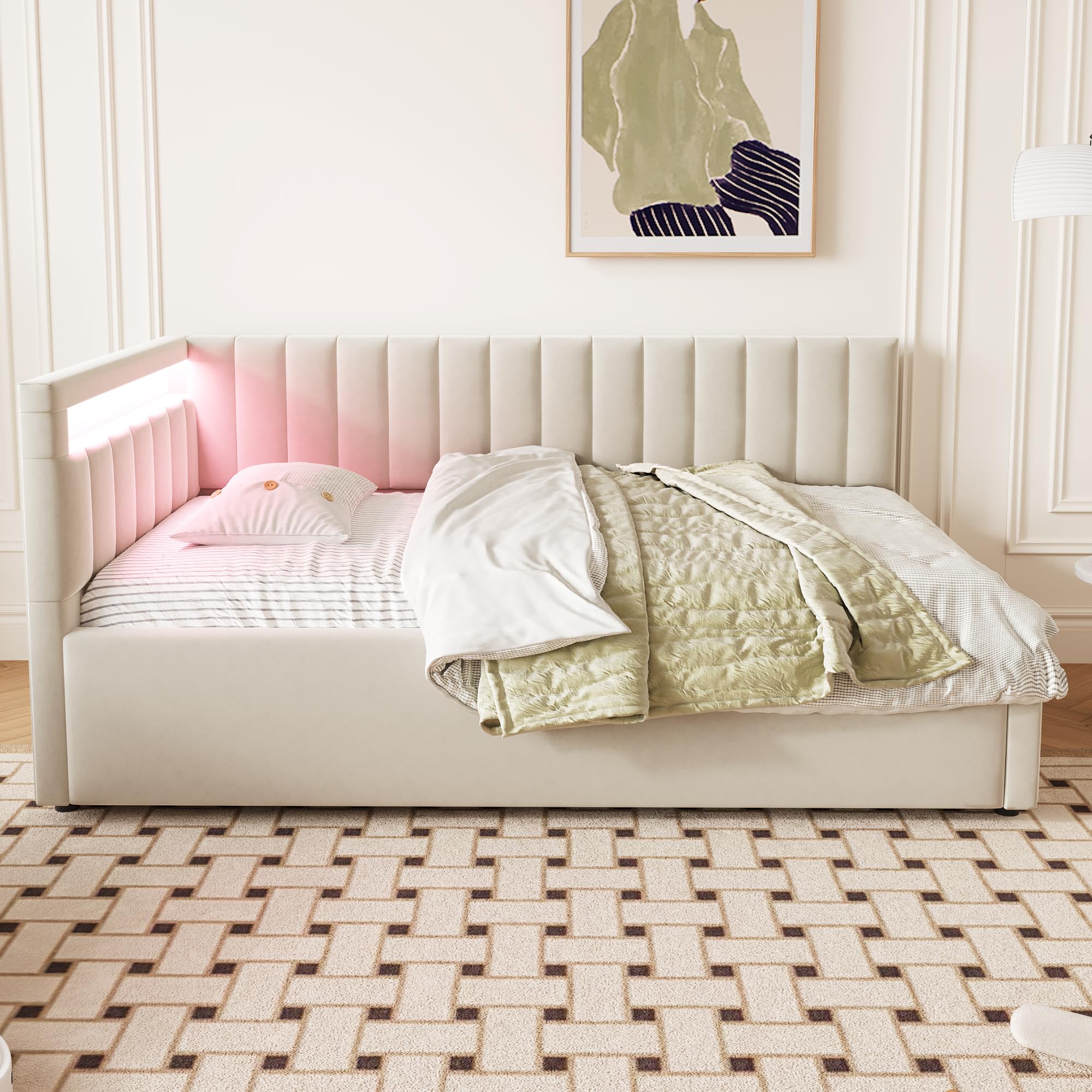 Cama tapizada Sofá cama 90 x 200 cm, con iluminación LED y espacio de almacenamiento hidráulico, diseño clásico de rayas verticales, cabeceros laterales con posiciones intercambiables, somier de