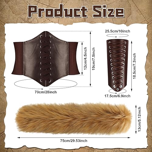 Miniatura 3 de Mepase Juego de 4 piezas de disfraz vikingo incluye cuello de piel sintética para Halloween, cinturón de cintura con cordones, 2 pulseras de cuero