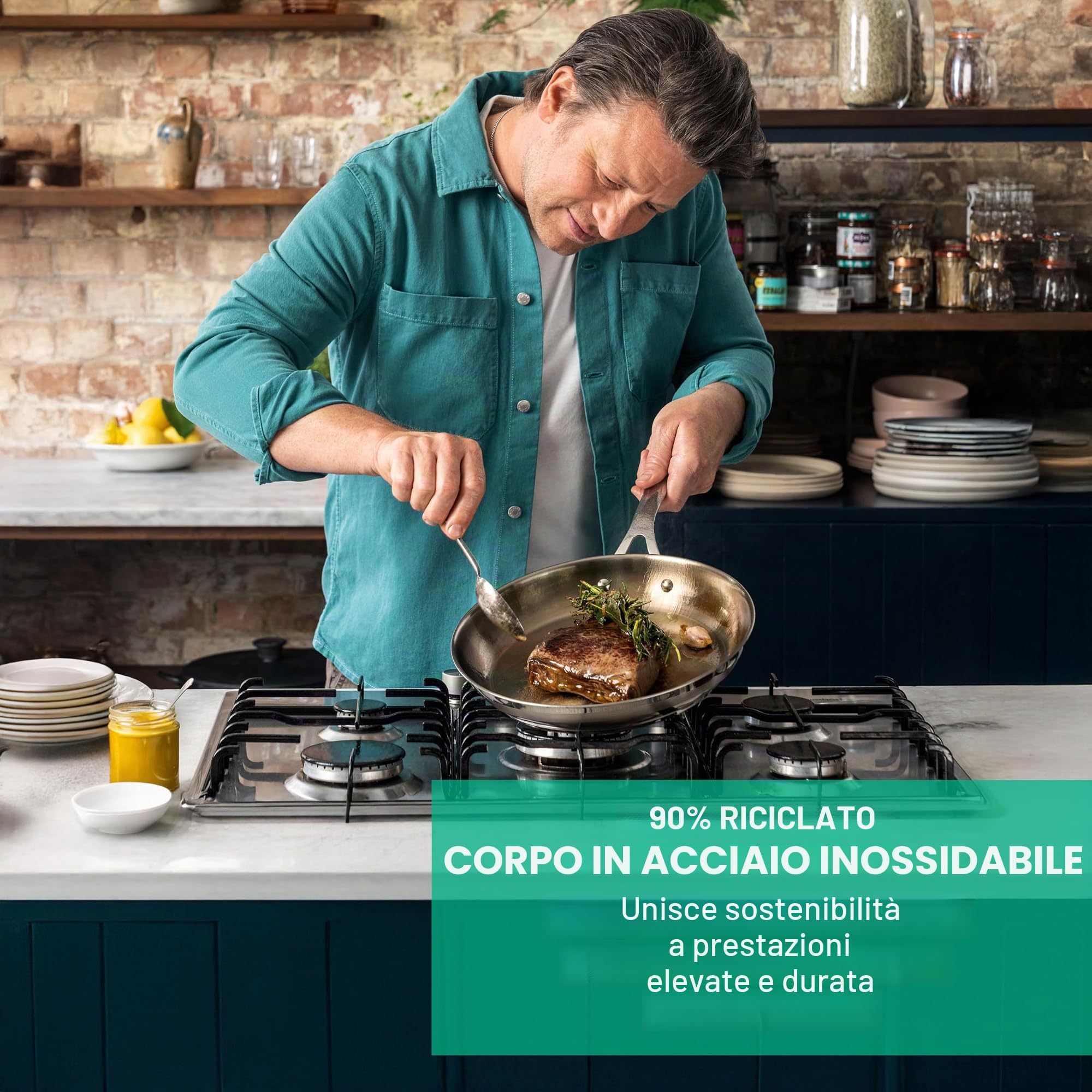 Jamie Oliver by Tefal Cook Smart Padella 24 cm, in Acciaio Inox Non Rivestito, Adatta a induzione, Fondo termofusione, riciclabile, Manico rivettato, in Acciaio Inox, E3110455