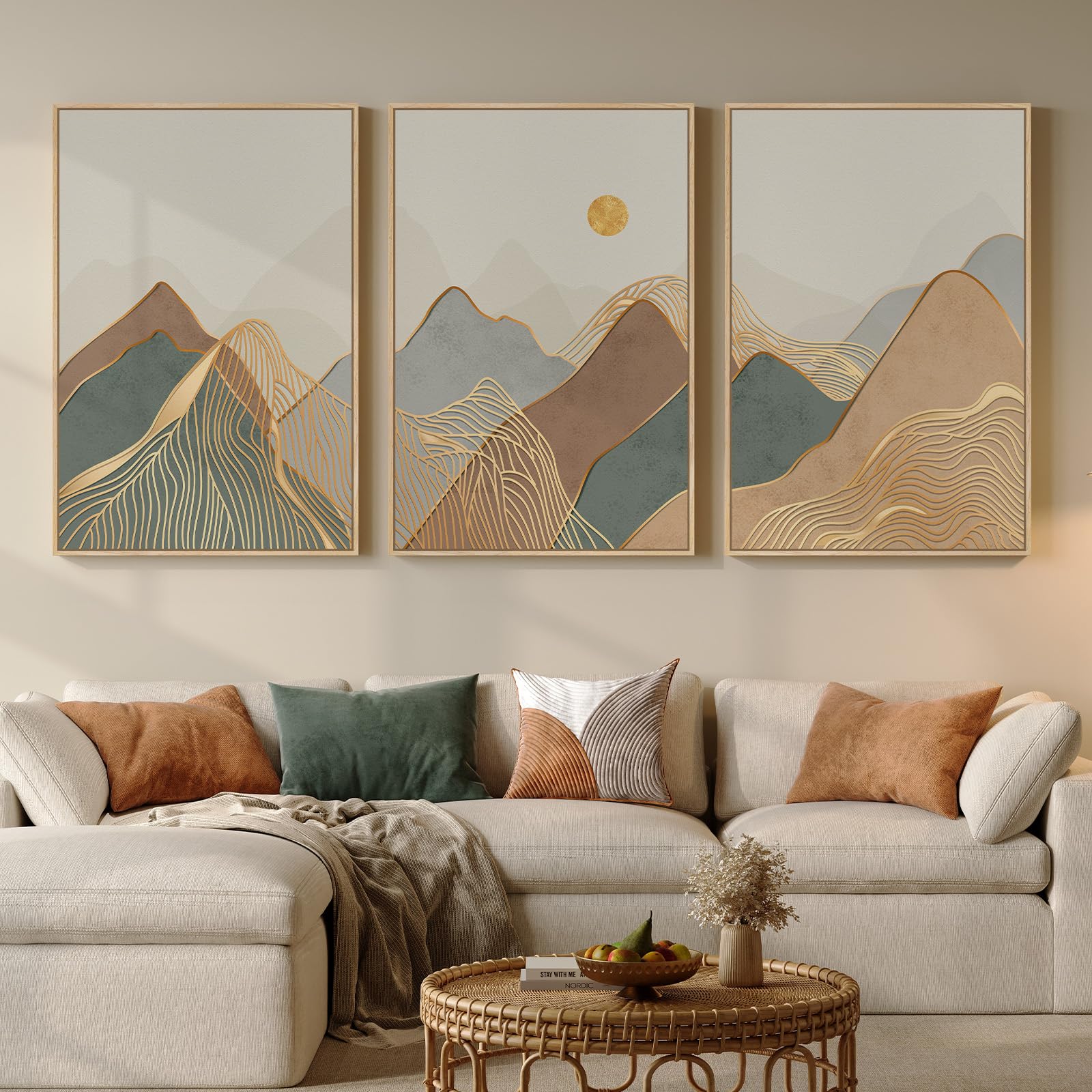 Framed Boho Mountain Wall Art for Living Room, 3 Piece Modern Nature Landscape Canvas Artwork for Walls, Large Sunset Minimalist Abstract Prints Wall Decor for Bedroom Hallway Home Office, 24x36 Inch