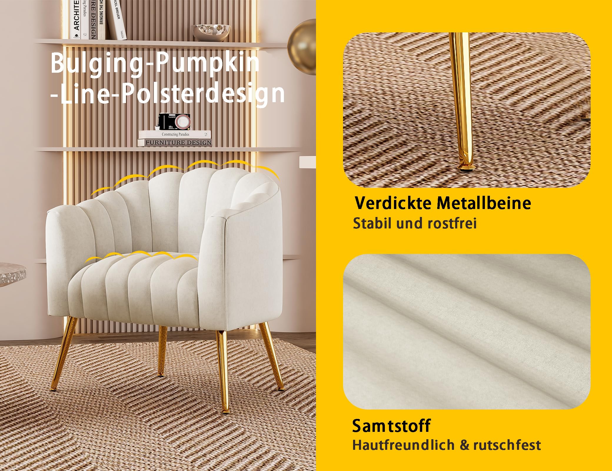 Übergroßer Kürbis Akzentstuhl, Moderner Bequemer Samtgepolsterter Sessel, Luxus Einzelsessel für Wohnzimmer, Warteraum, Büro und Schminktisch, (Beige)