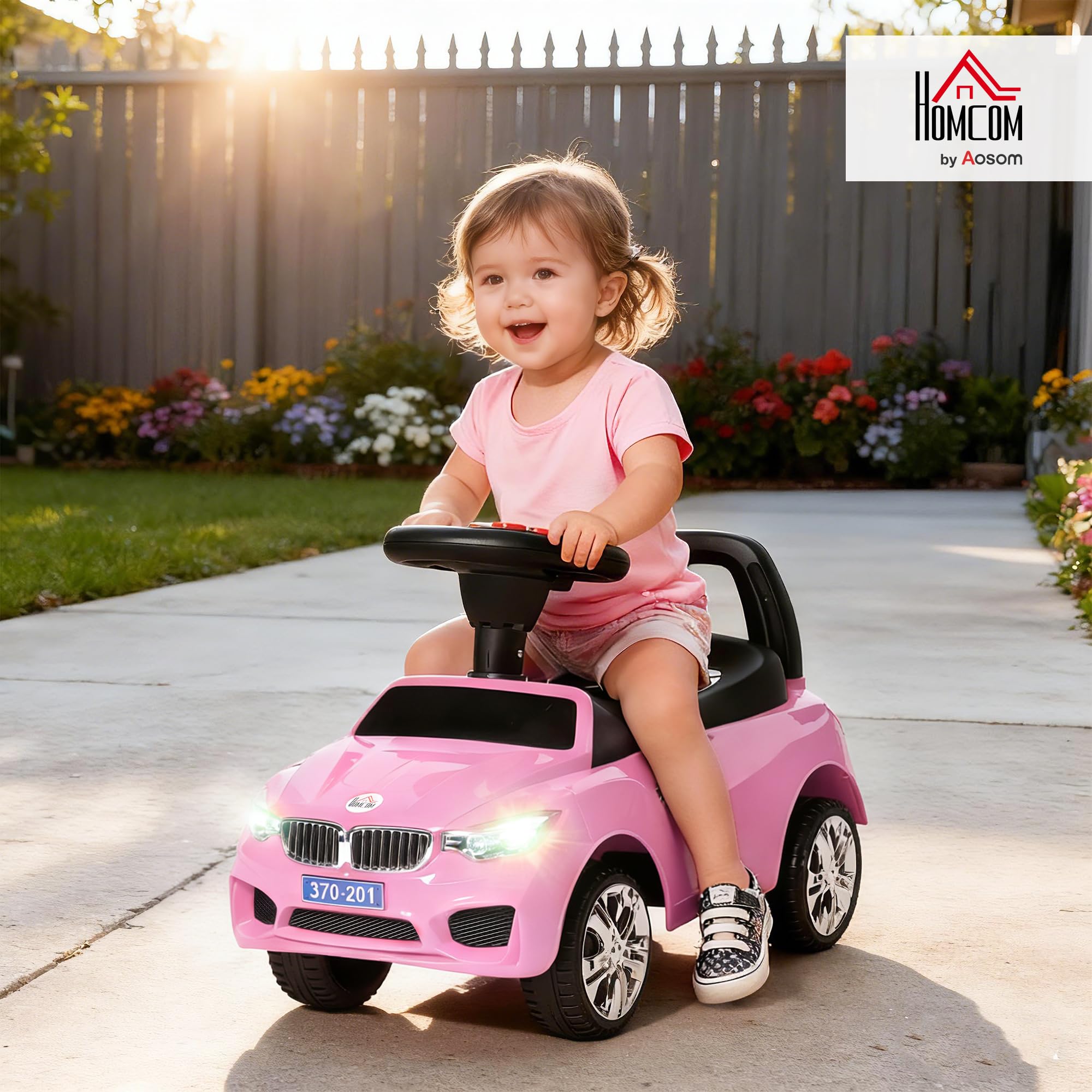 HOMCOM Voiture à Pousser Enfants avec Coffre à Jouets, Klaxon, Phares, Musique, 18-36 Mois, Rose