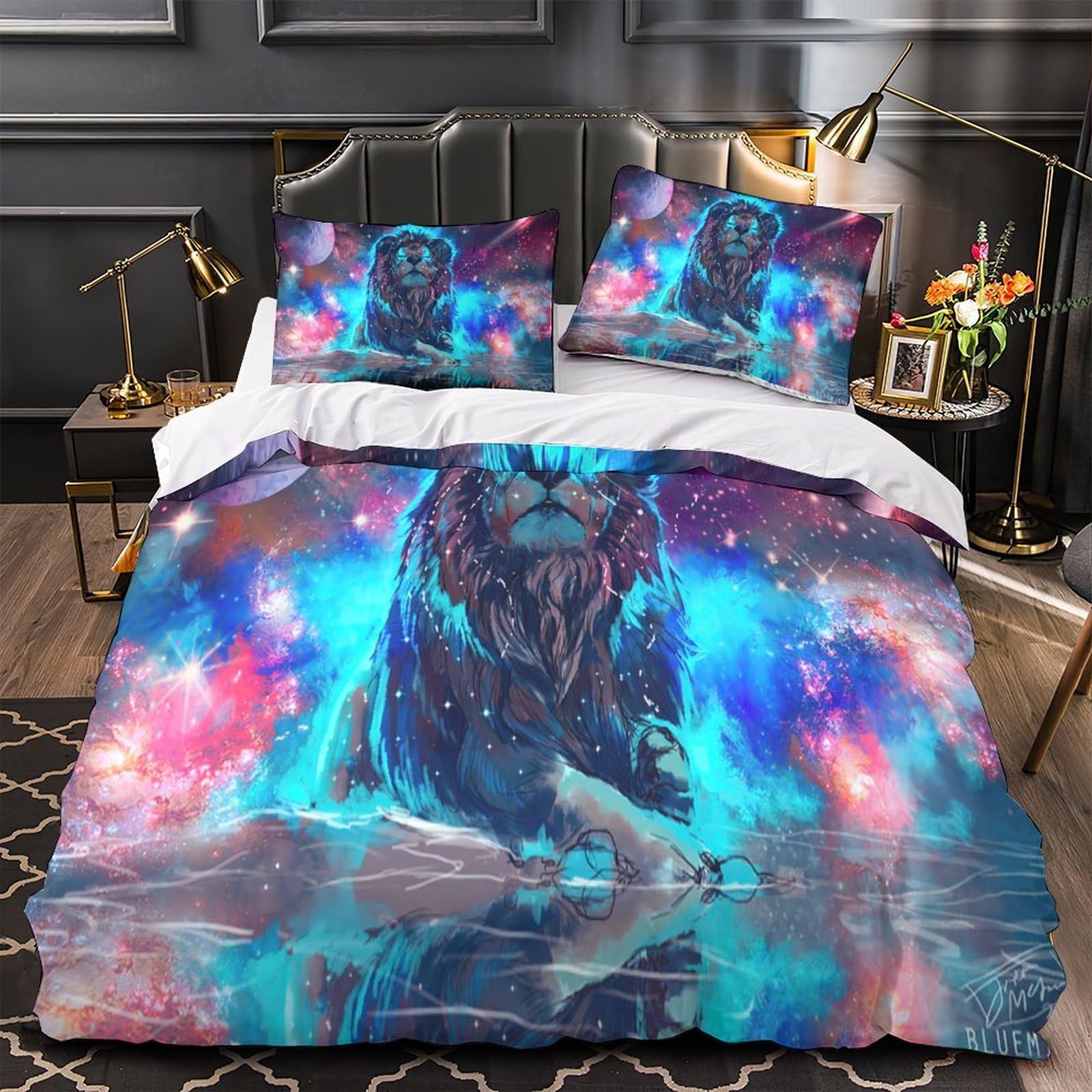 Housse de couette lion cosmique parure de lit fantastique microfibre fermeture éclair