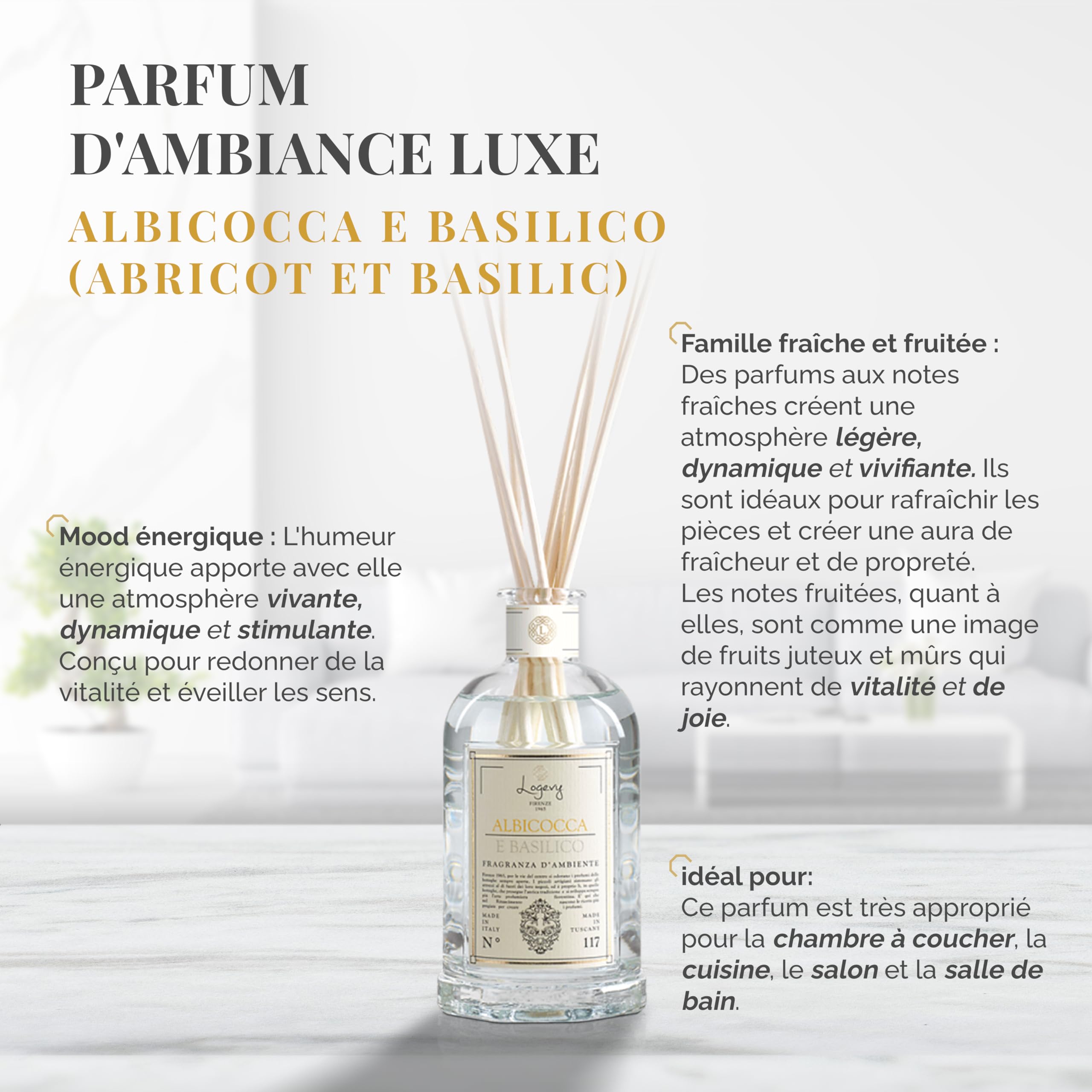LOGEVY - Parfumeur d'ambiance pour le bien-être de la Personne et de la Maison - Abricot et Basilic (500 ml New 2022)